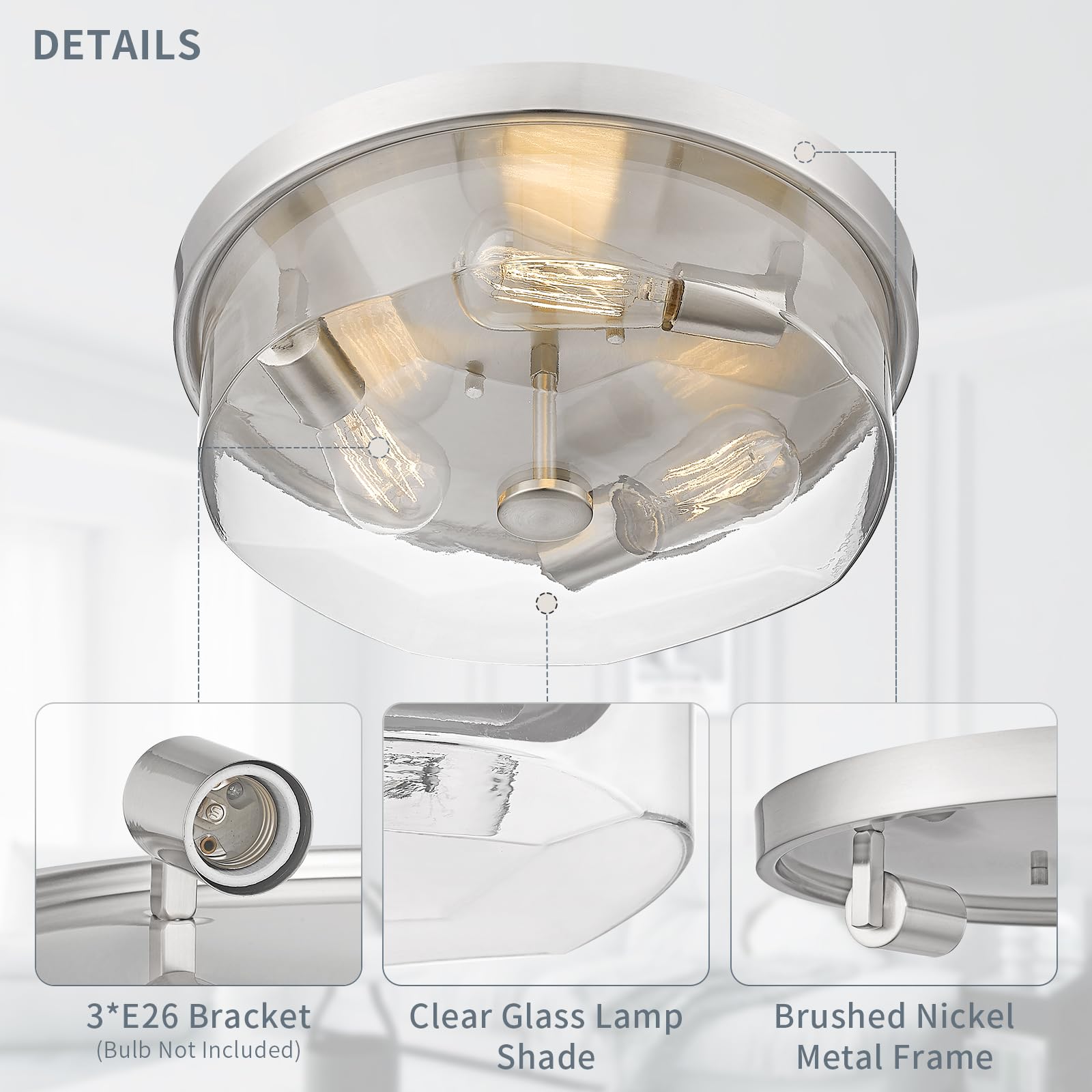 Luminzone 3-Light Brushed Nickel Flush Mount Ceiling Light, Modern Farmhouse Design, Clear Glass for Kitchen, Porch, Entryway