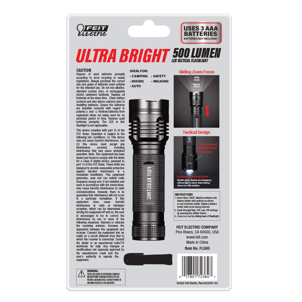 Feit Electric LED Tactical Flashlight - 170-500 Lumen - Aluminum Alloy - 4.6in L x 1.3in D - Black - Model FL500
