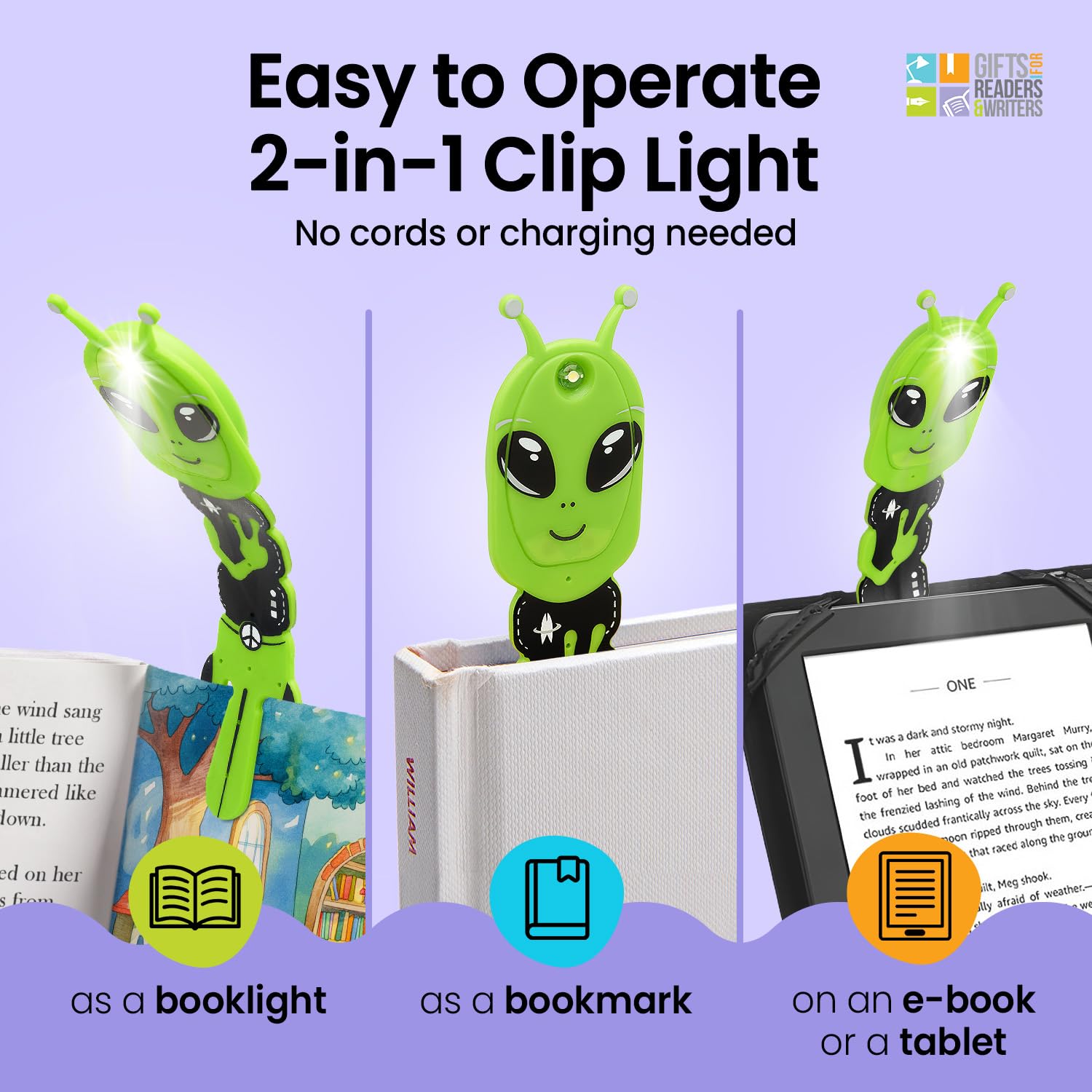 Gifts for Readers & Writers Flexilight Pal 2-in-1 LED Reading Light, Portable Bookmark & Clip-On Lamp, Battery Operated, Alien Green