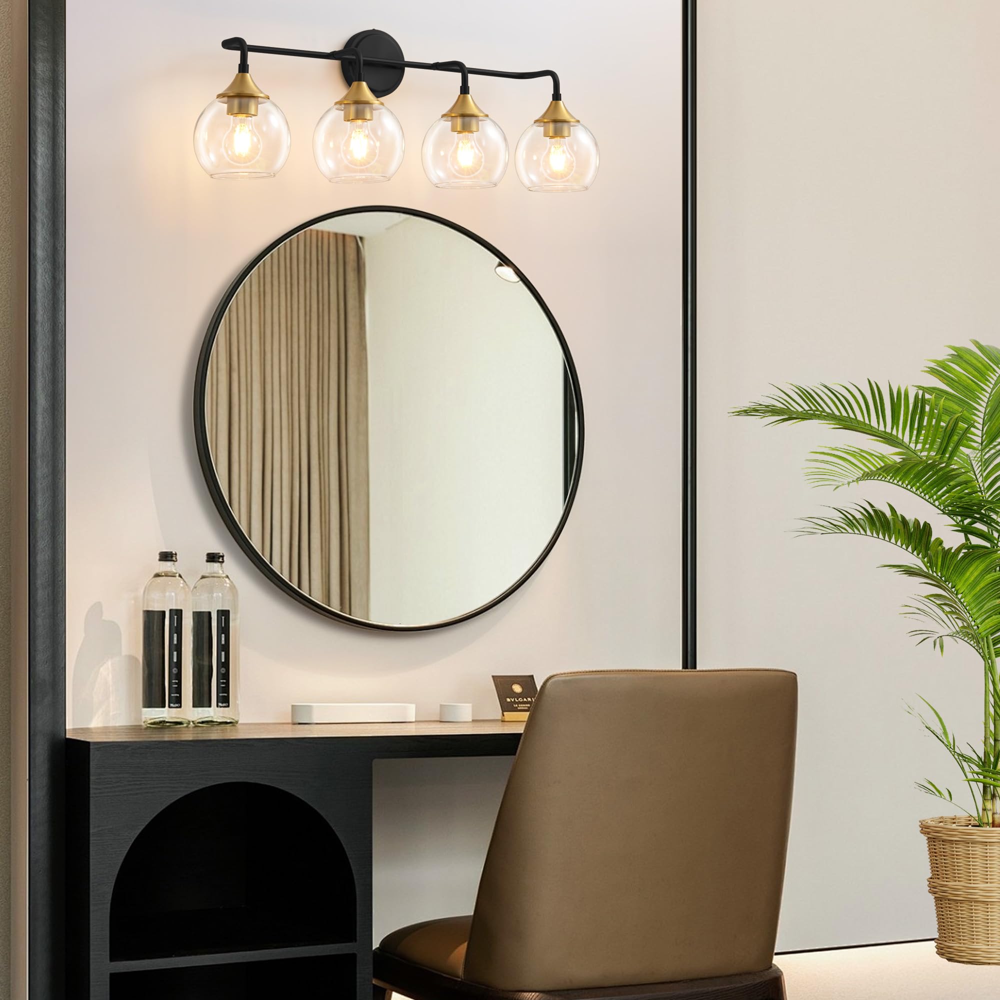 Gednbo Bathroom Vanity Light, 31 Inch, 4-Lights, Clear Glass Shade, E26 Base, Black and Gold, Model G1796