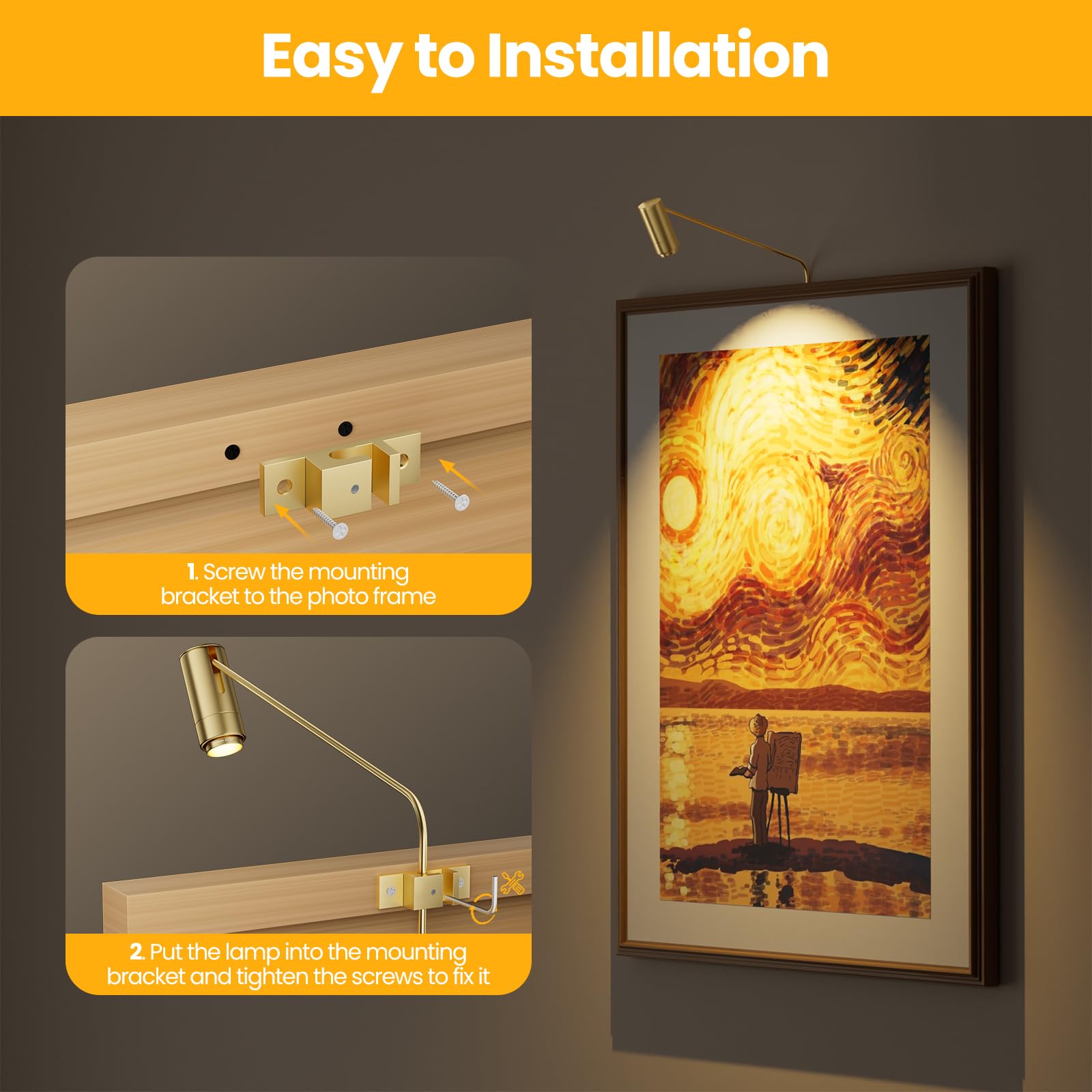 ZOOPEEN LED Picture Light Spotlight, 3000K Warm Light, Plug-in, Gold, 1 Pack, Model WLPL-G