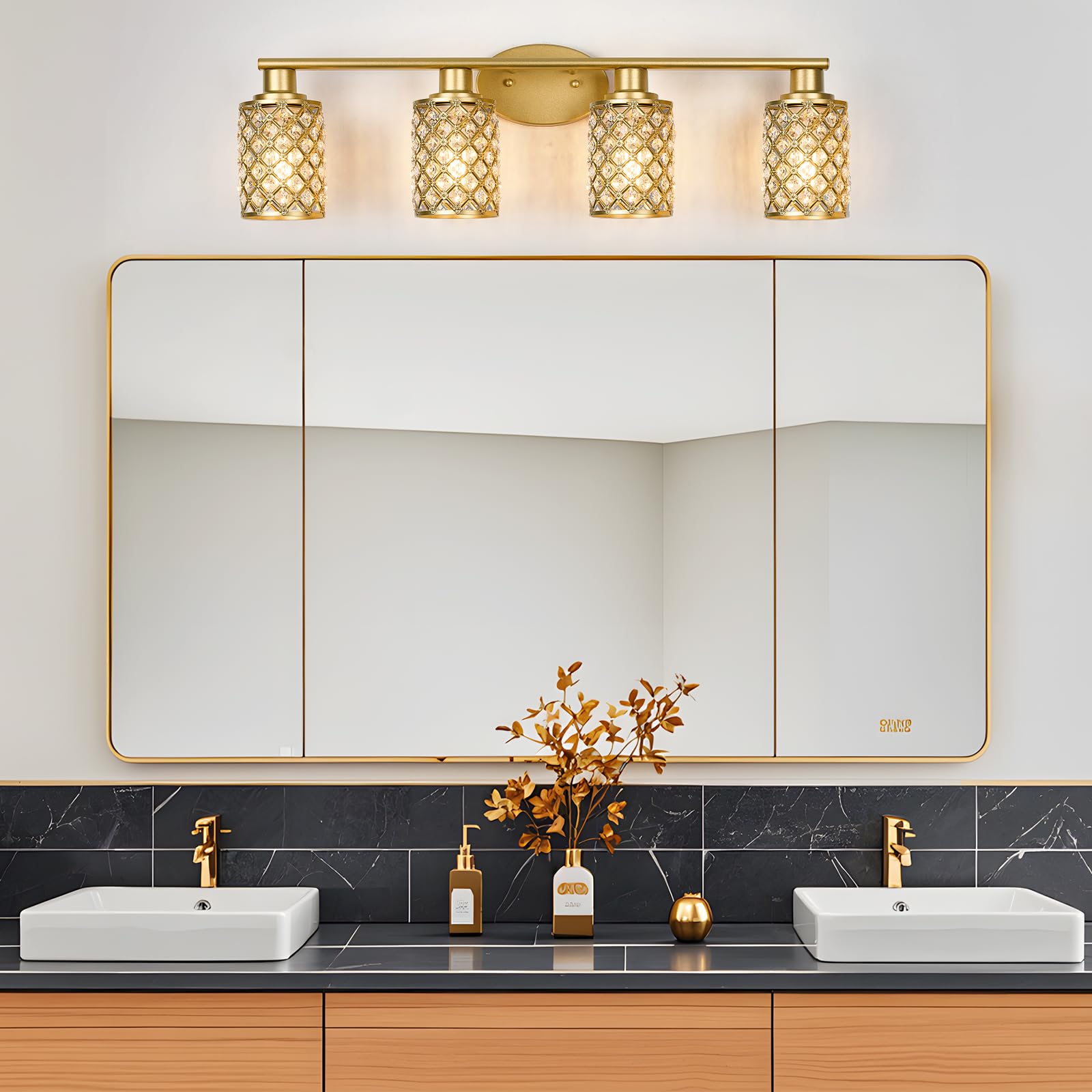 Niloah 4 Light Gold Vanity Light Fixtures, Modern Farmhouse Vanity Light, Bathroom Lights Over Mirror,Crystal Vanity Lighting Fixtures For Bathroom,Powder Room
