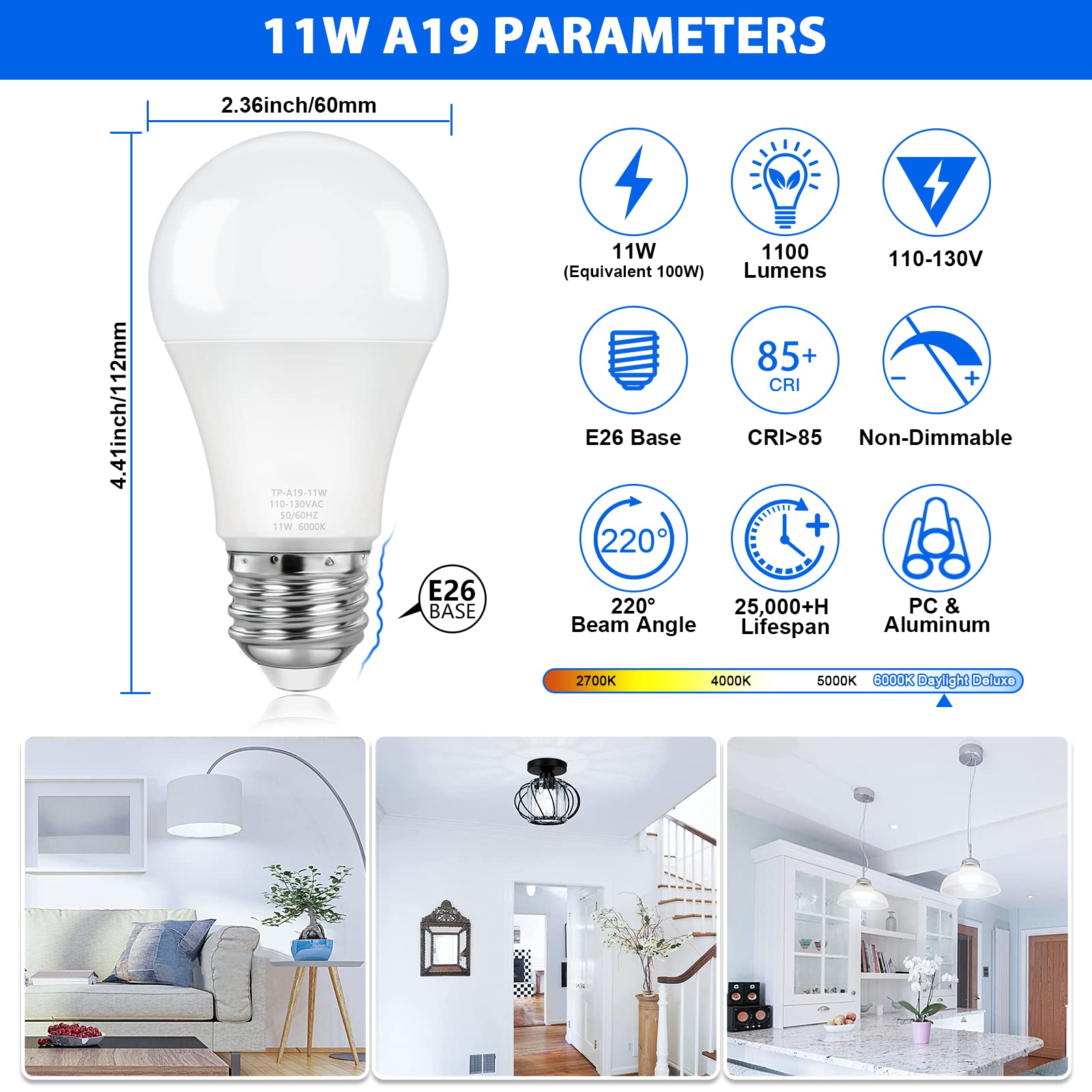 Asomst 4-Pack A19 Light Bulbs, 100W Equivalent Led Bulb, Cool White 6000K 1100Lm 11W, Non-Dimmable E26 Base Bright Lighting, Cri
