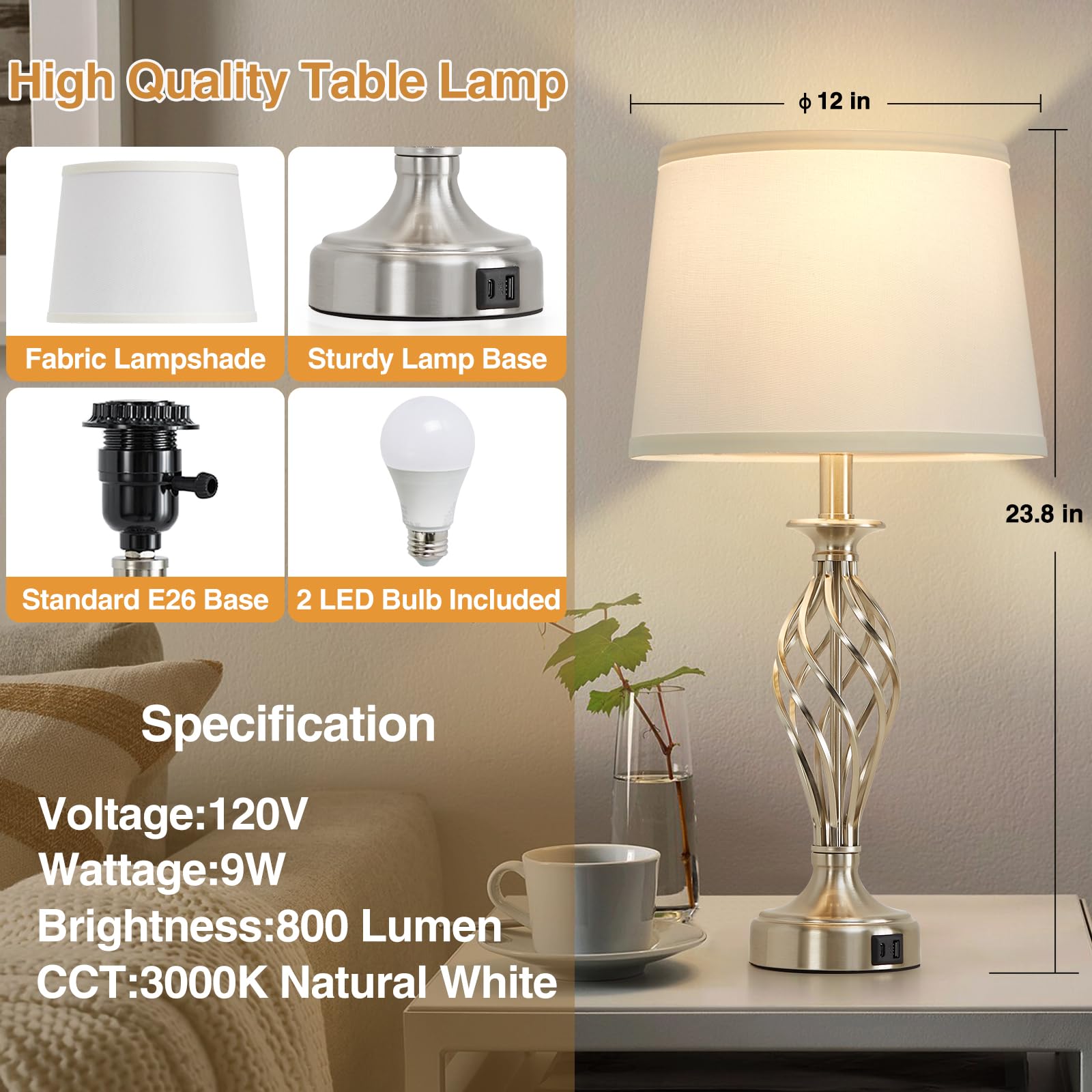 EJIAXIN Modern Table Lamp Set of 2 with USB Ports, Silver Base, White Shade, Includes 2 LED Bulbs, Model 108