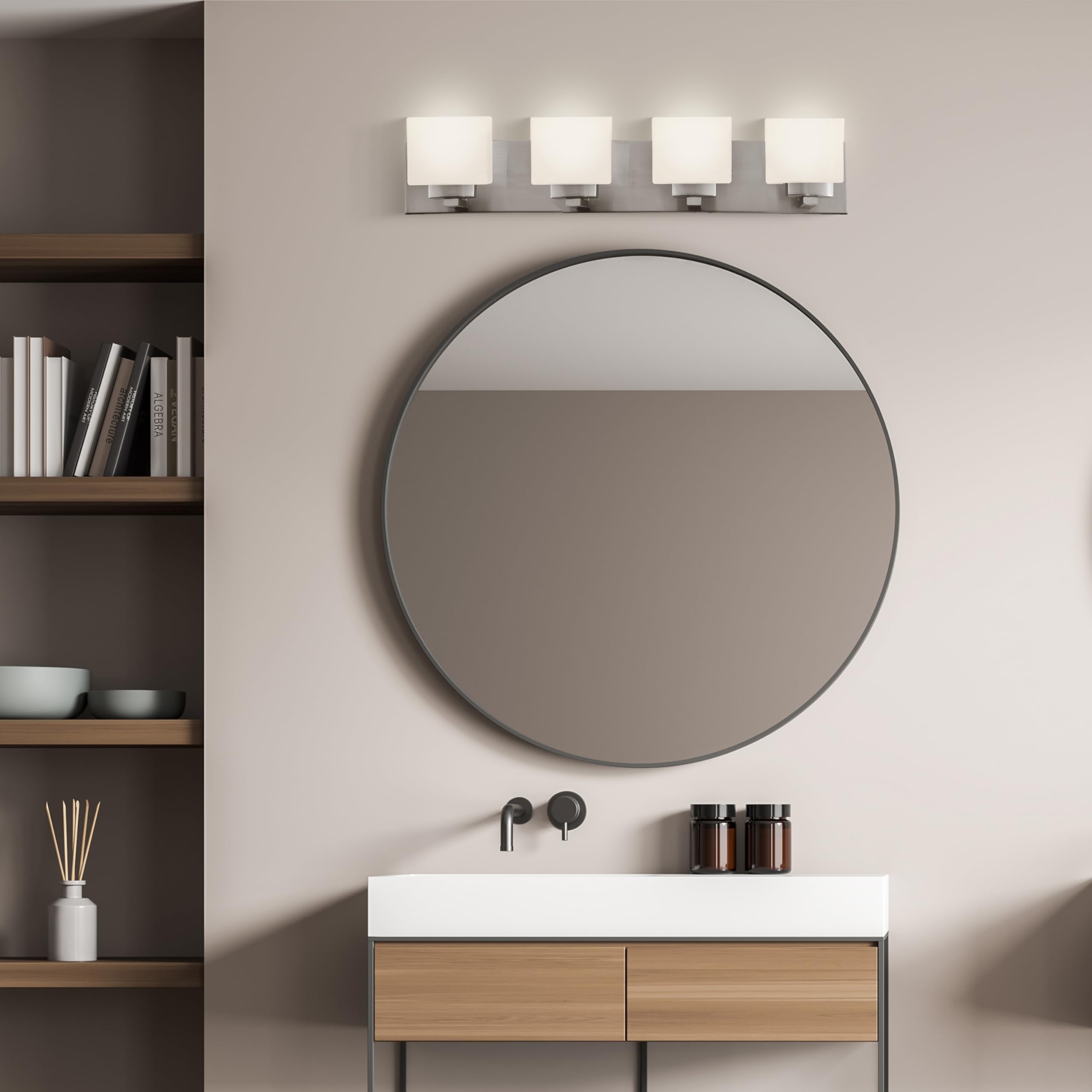 Design House Dove Creek 4-Light Vanity Light Dimmable Frosted Glass Satin Nickel Model 578013