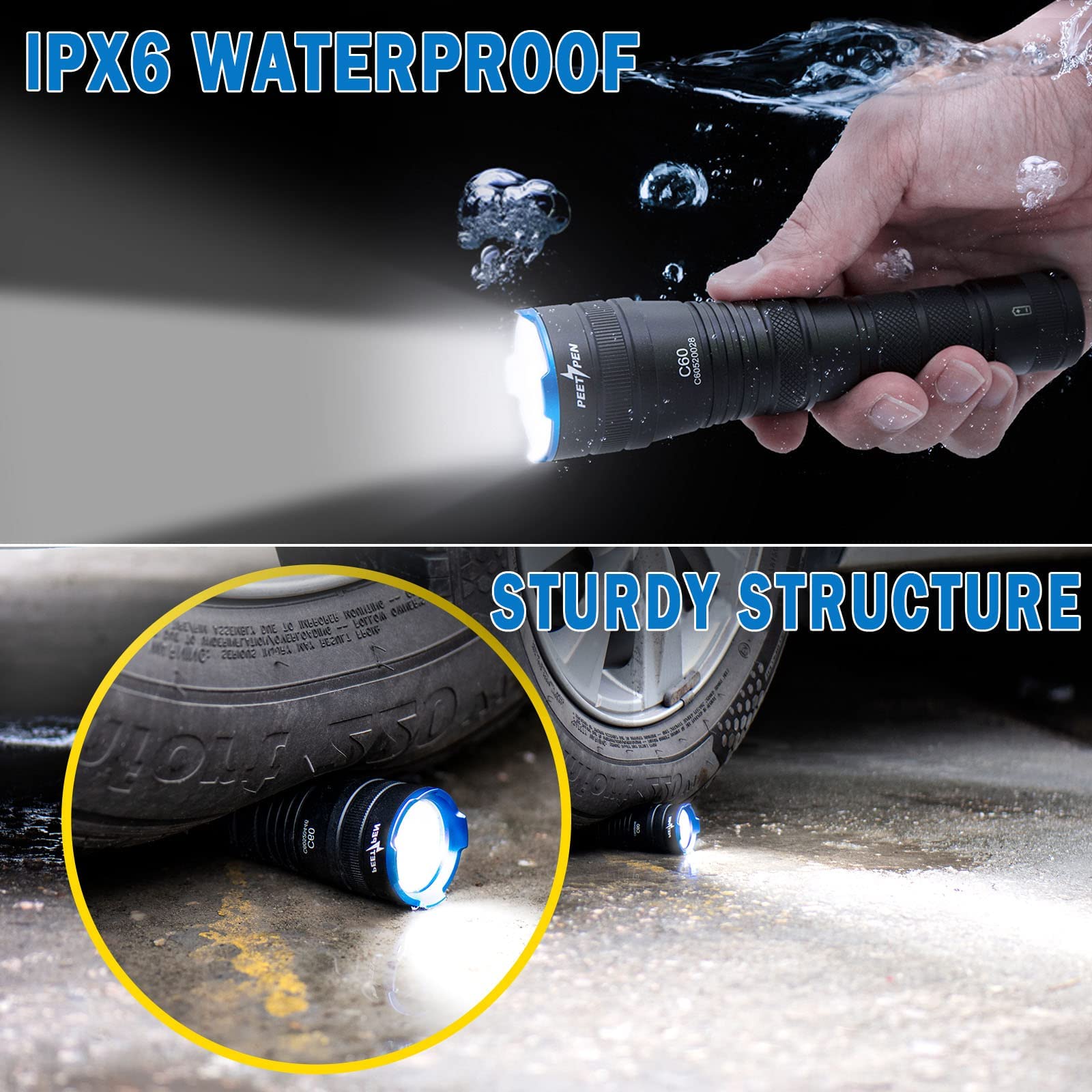 Peetpen C60 Flashlight 1000 Lumens Zoomable, Led Flashlight Ipx6 Waterproof, 4 Modes Tactical Flash Light For Camping, Home, Eme