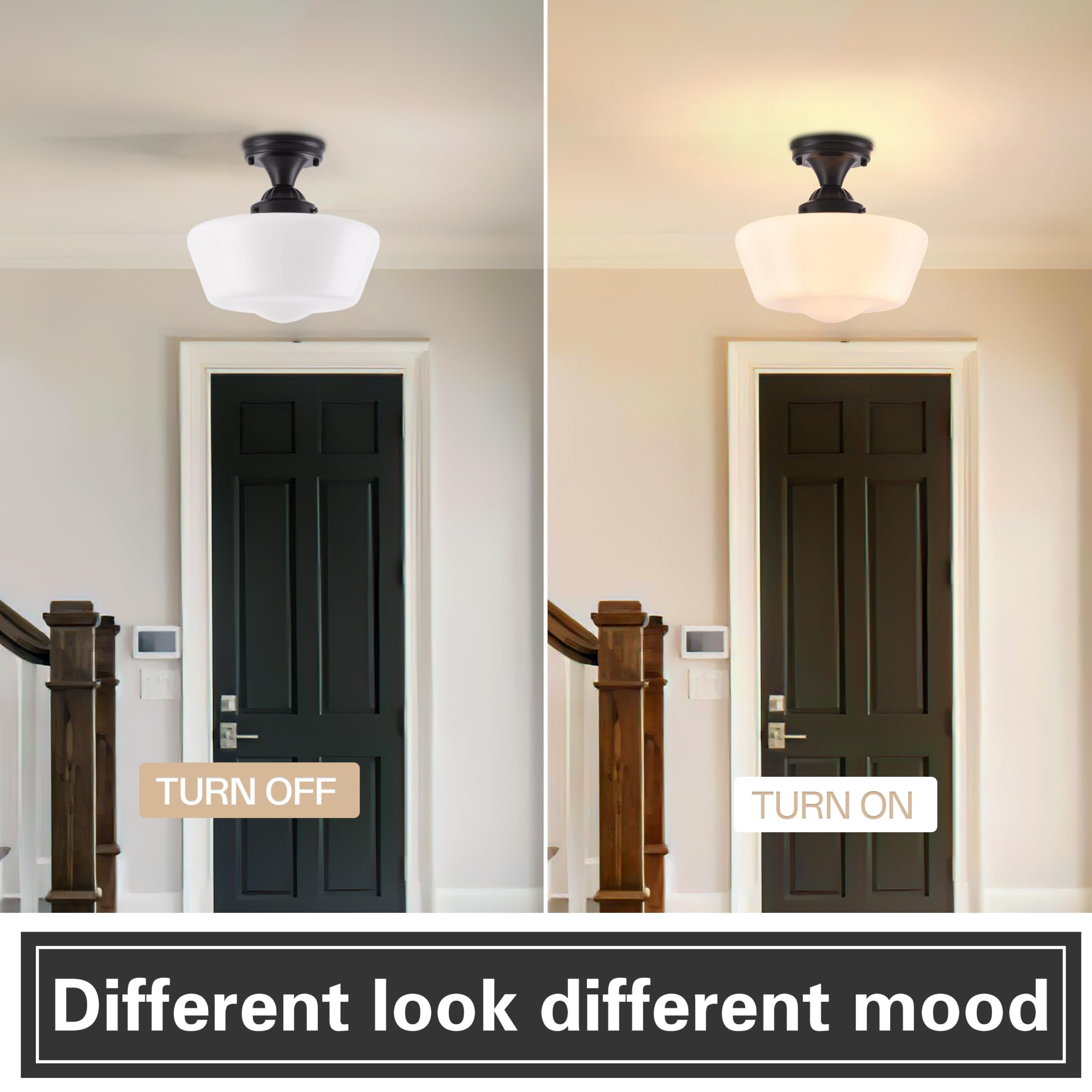 Ayshwilldec 12'' Mid Century Black Semi Flush Mount Light Fixture With Milk Glass, Led Bulb