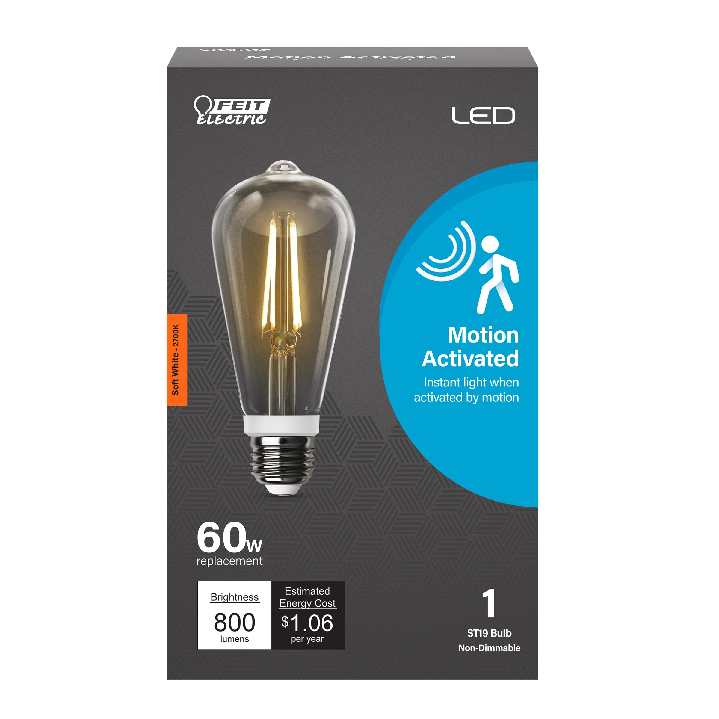 Feit Electric Motion Sensor LED Bulb, 60W Equivalent, ST19 E26 Base, 2700K Soft White, Indoor/Outdoor, Non-Dimmable, High CRI