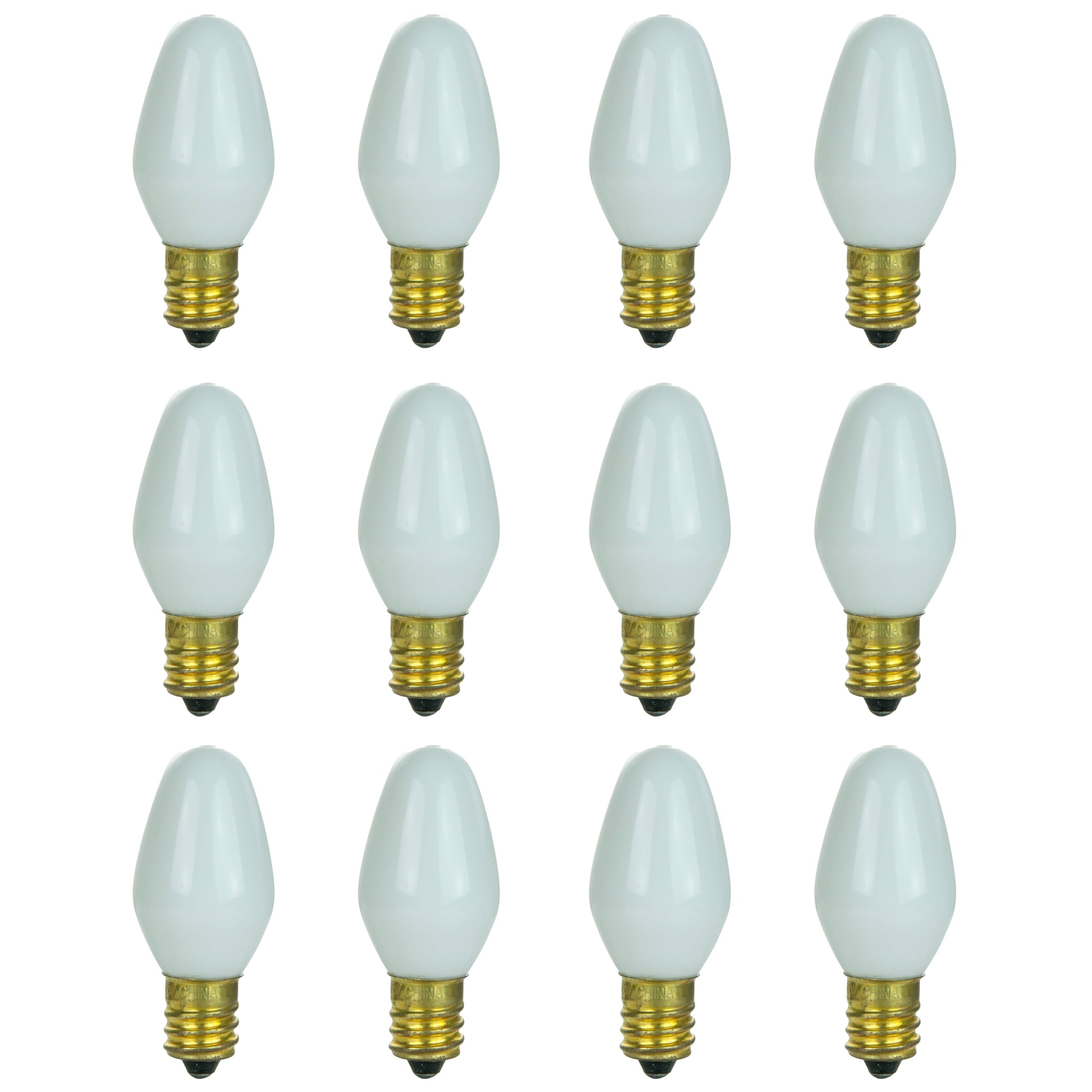 Sunlite 01059 7C7 Incandescent Bulb, 7 Watt, Candelabra E12 Base, C7 Small Night Light, Colored Bulb, White, 12 Count