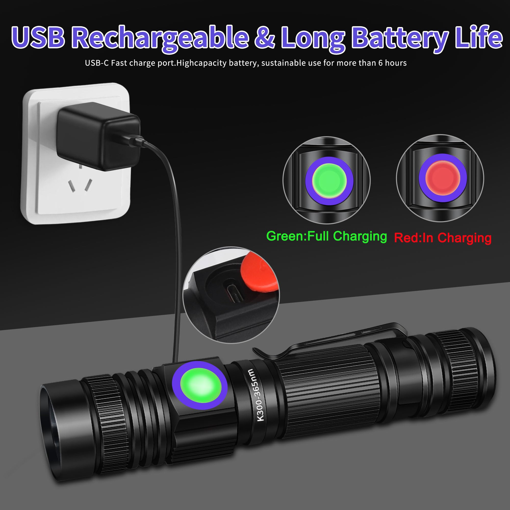 Uv Flashlight Black Light Usb Rechargeable 365Nm Blacklight Mini, Woods Lamp Portable Handheld Powerful Led Ultraviolet Lights Flashlights, Focus Adjustable For Resin Curing, Pet Urine Detection