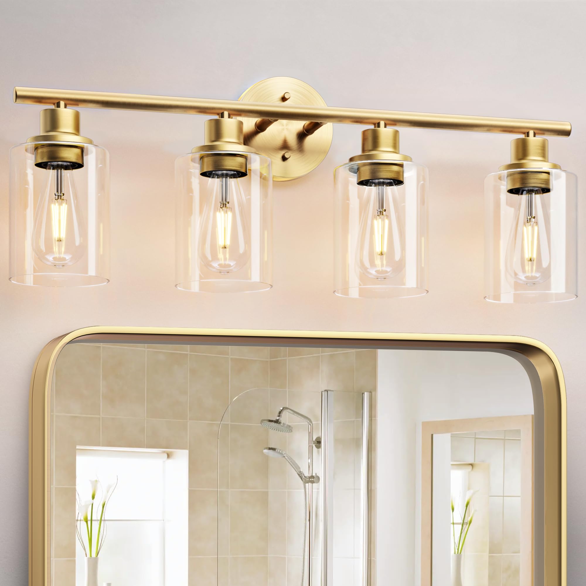 Weyderk 4-Light Gold Bathroom Vanity Light Fixture, Metal with Clear Glass Shades, UL Certified, Model BD