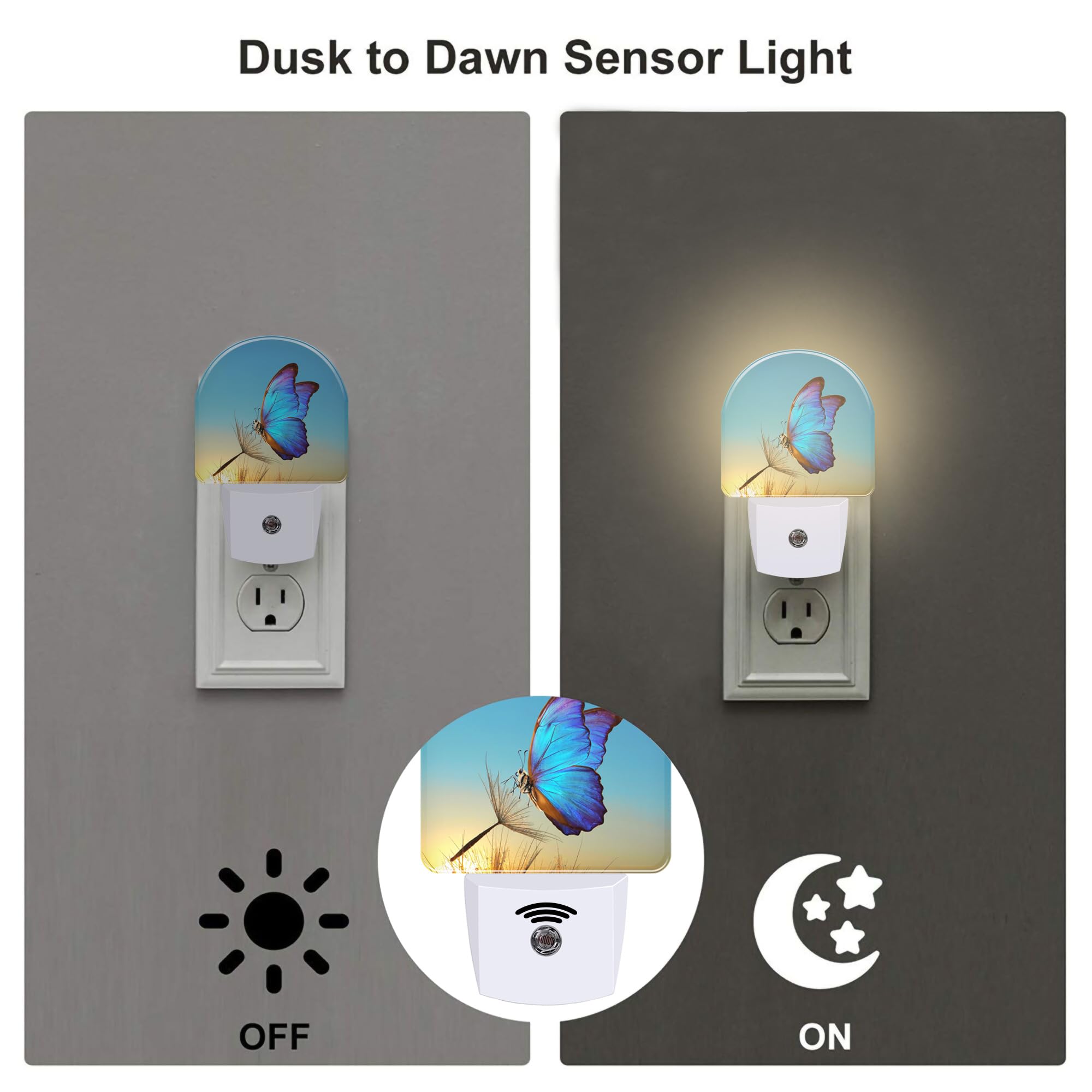 Sndheke Blue Butterfly And Dandelion Night Light Plug Into Wall, Butterfly In The Sunset Dusk To Dawn Night Light,0.5W Energy Sa
