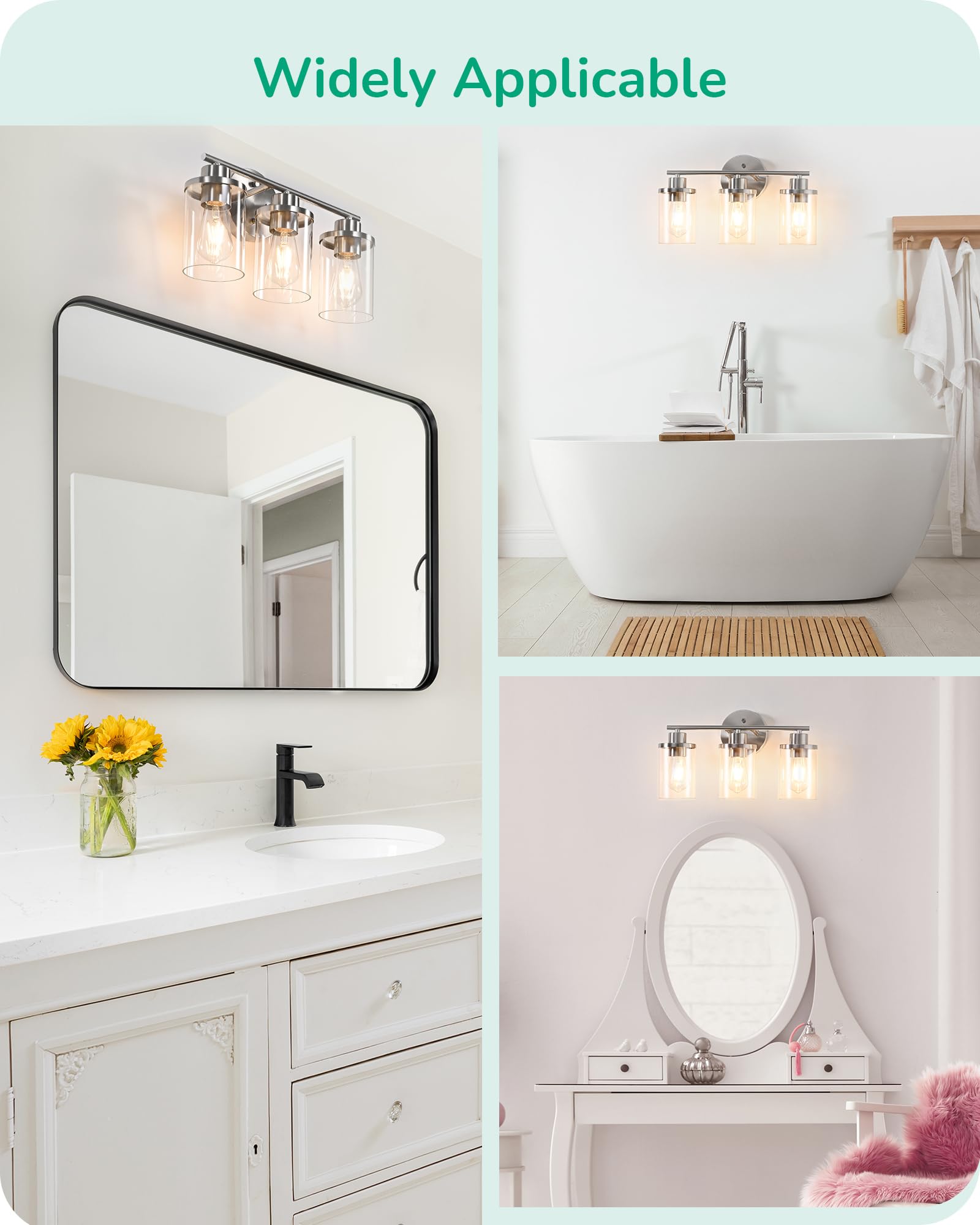 EDISHINE 3-Light Bathroom Vanity Light Fixtures, Brushed Nickel Wall Sconce with Clear Glass Shade, Model 2237cc89-9d19-445a-b022