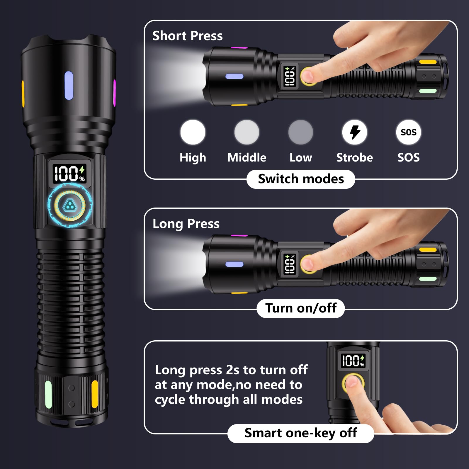 OLIARIL Rechargeable Tactical Flashlight, 99000LM LED, 5 Modes, Aluminum, Black, Model X725