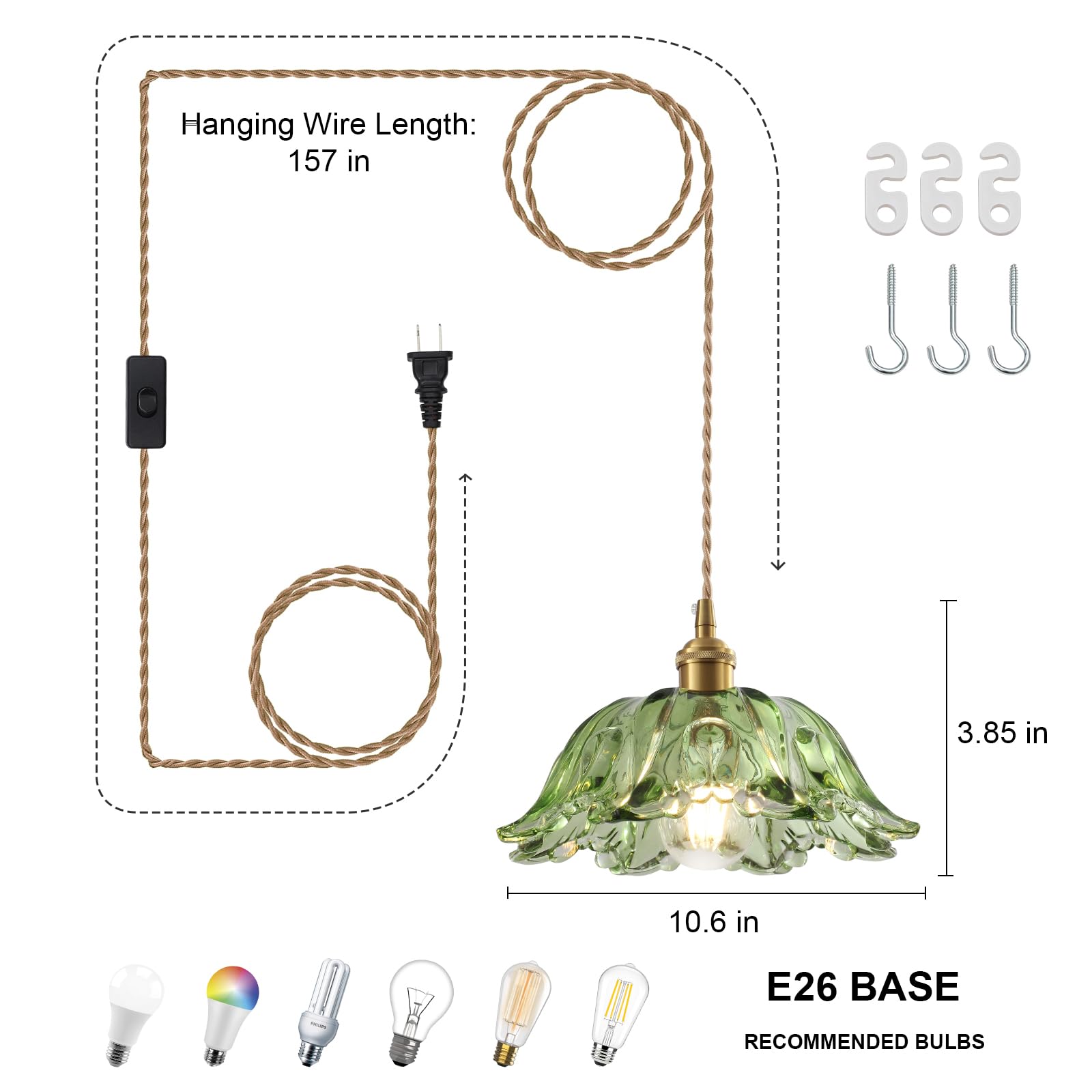 GZJunYo Plug in Pendant Light Fixtures, Hanging Pendant Lights with Plug in Cord, Green Glass Plug in Hanging Lights for Bedroom