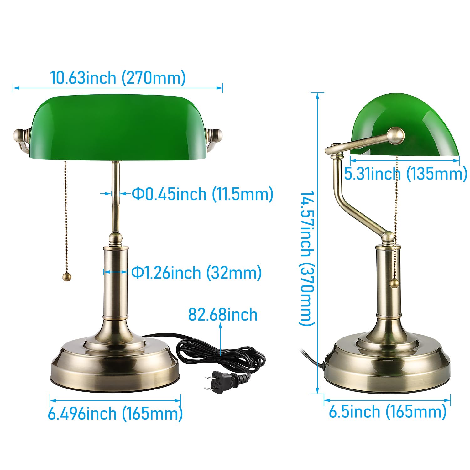 TORCHSTAR Green Glass Bankers Desk Lamp, Antique Brass Base, UL Listed, E26, 6 ft, Vintage Design for Office & Study Room