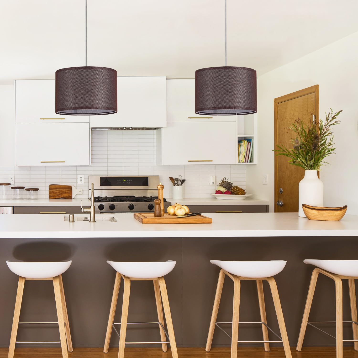 IHENGYANLT Pendant Light with 15Ft Cord, On/Off Switch, Coffee Fabric Shade, Model P450