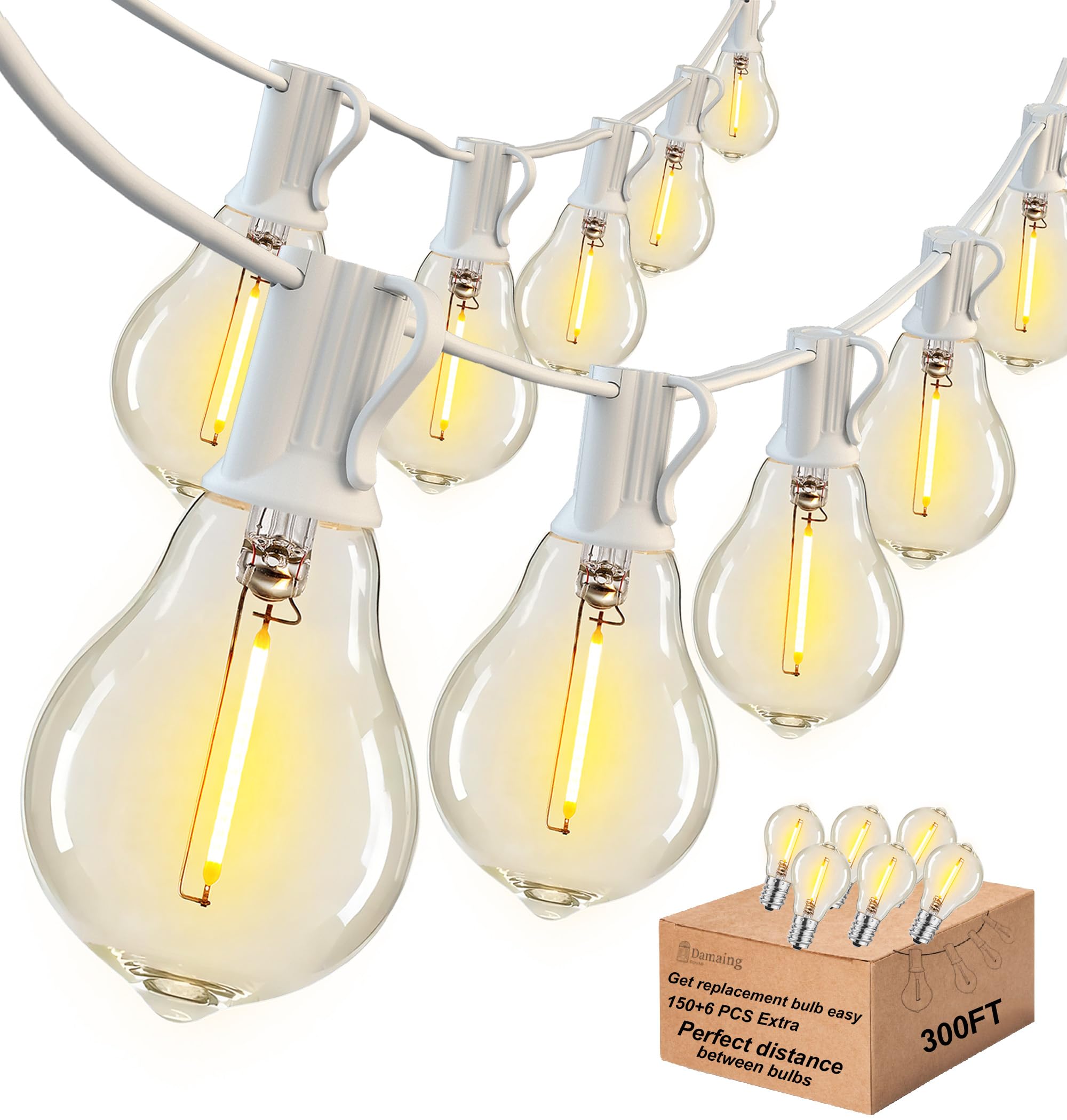 DAMAING Outdoor String Lights 300FT(3x100FT) Waterproof Patio Lights with 156 Shatterproof Dimmable LED Edison Bulbs,Connectable