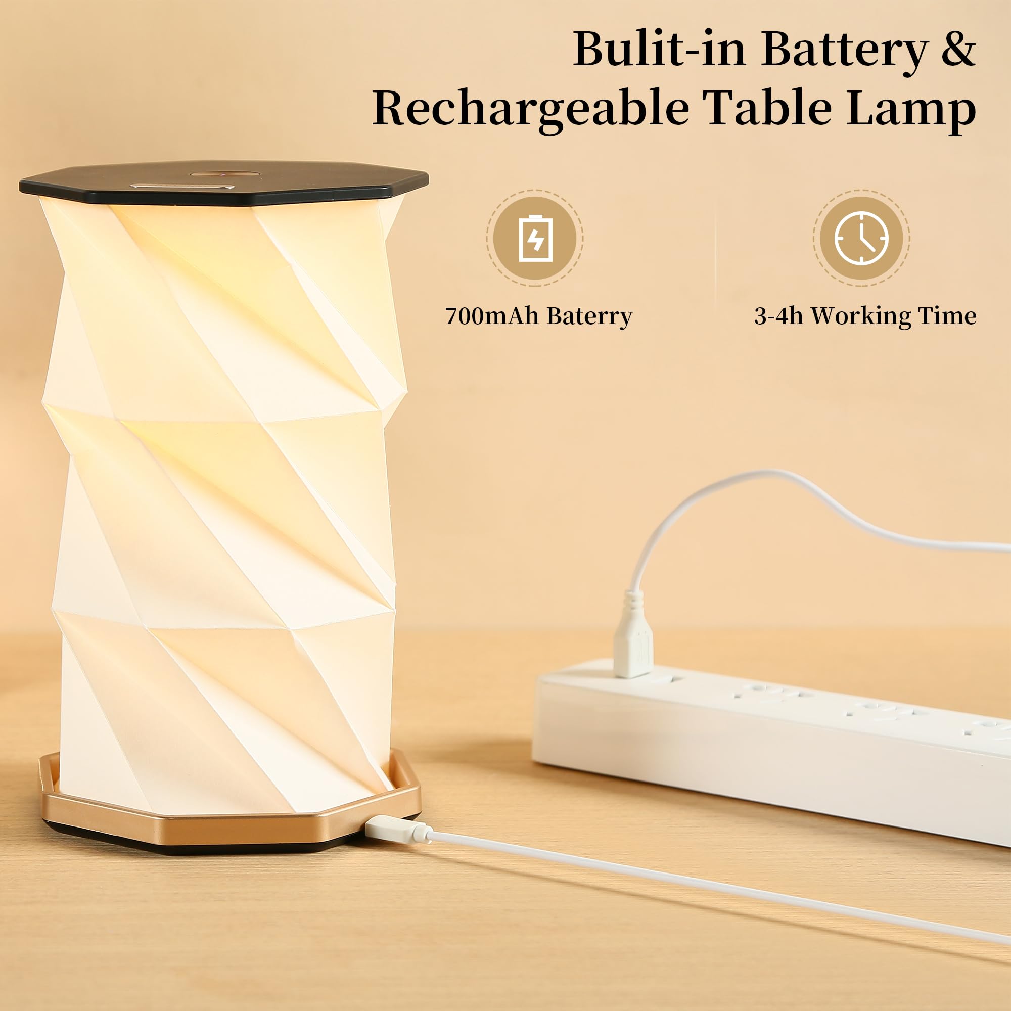 Uniwolk Portable Paper Lamp with Touch Dimmer, Rechargeable, Warm White Light, Foldable Design for Bedroom & Travel