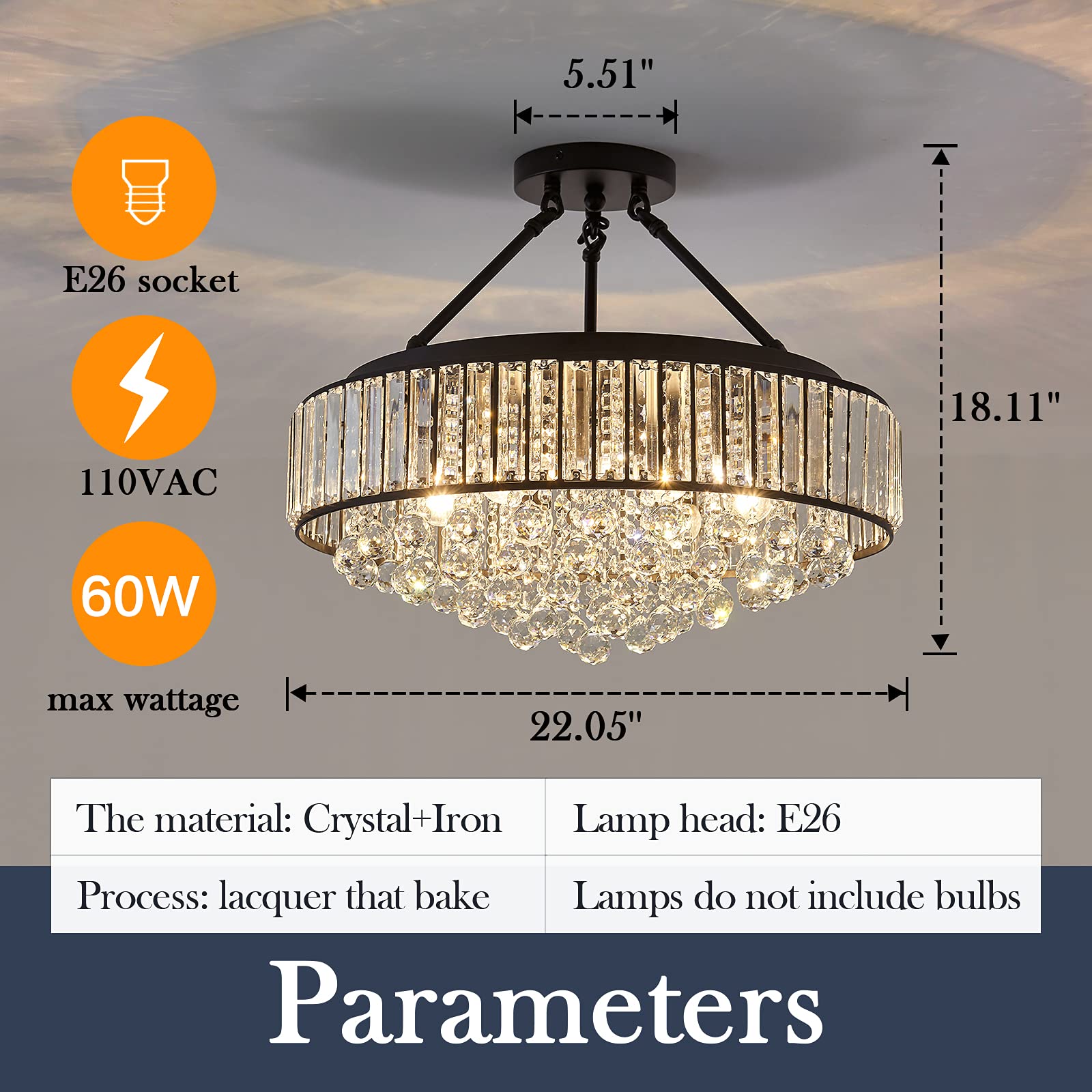 Yyjlx 6-Light Modern Black Metal Crystal Chandelier Semi Flush Mount Ceiling Lamp