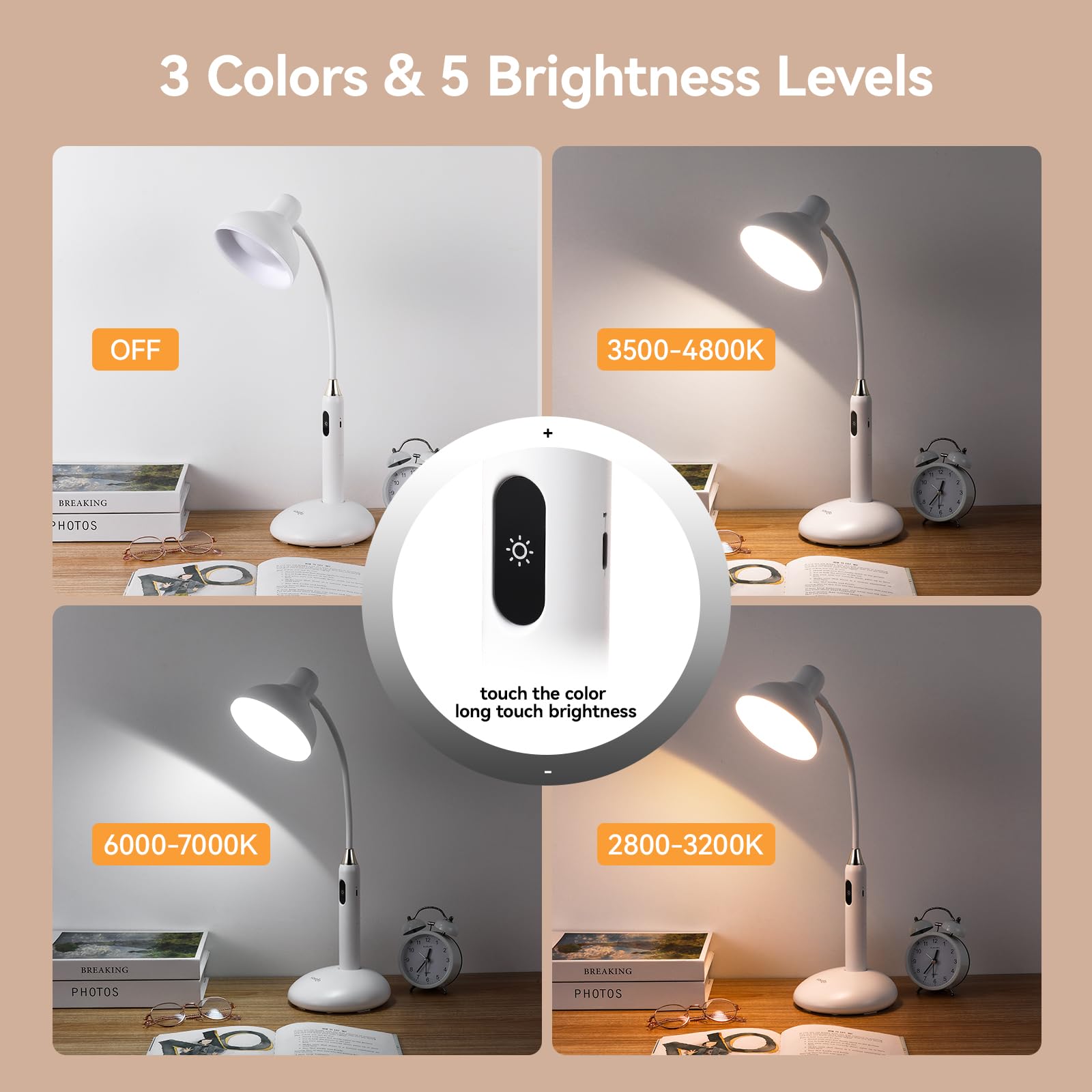VAVOFO Eye-Caring Wireless Desk Lamp KM-6781, 2700-7000K Adjustable, Touch Control, 360° Gooseneck, White