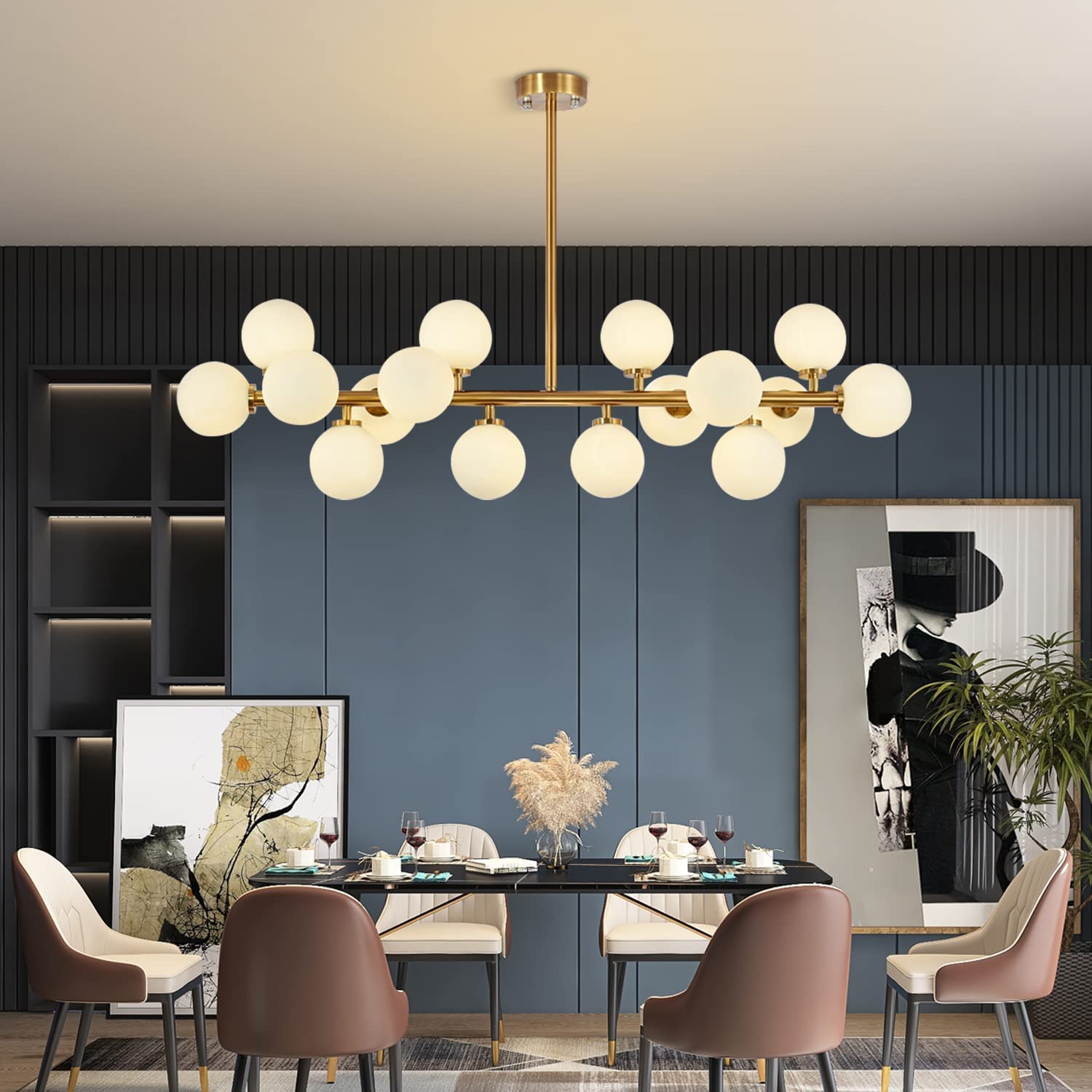 7PMBEANE Mid Century Modern Chandelier Over Table, 16-Light Globe Sputnik Chandelier Brass Pendant Lighting Fixture Hanging Ceil