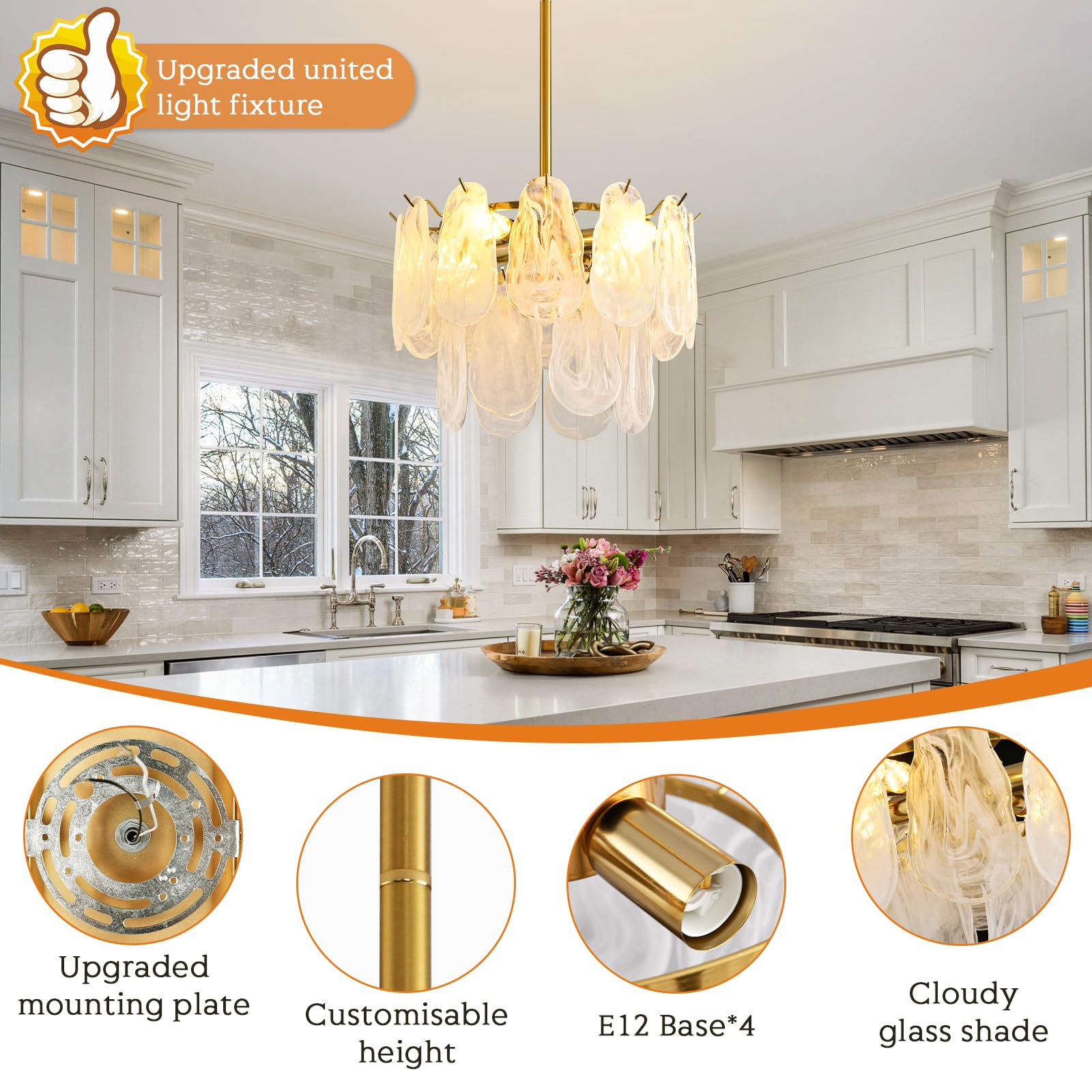 Modern Gold Cloud Glass Chandeliers, 15.7 Inches Creative Crystal Pendant Ceiling Fixture, 2 Tier Luxury Height Adjustable Chand