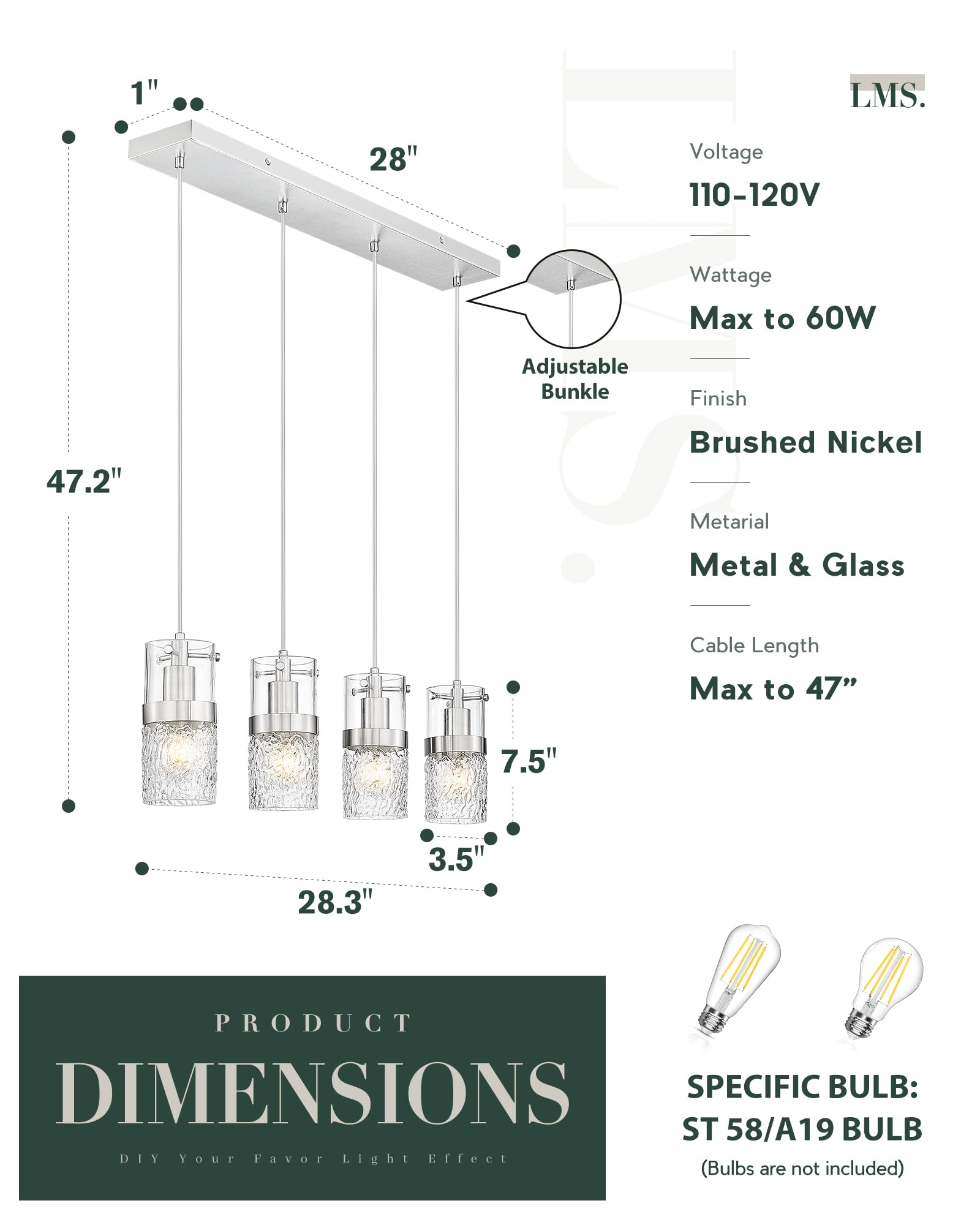 LMS 4-Light Island Lighting Fixture, Brushed Nickel, Hammered Glass, 3.5" Chandelier, Farmhouse Style, Model LMS-171BN4L