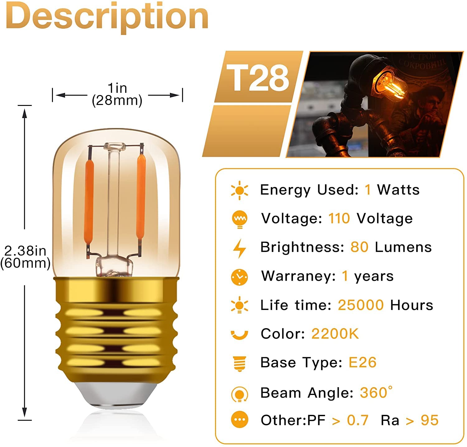 Hcnew 1W LED Edison Night Light Bulbs, T28 Amber, 6 Pack, E26 Medium Base, Glass, Warm White, 10W Incandescent Equivalent