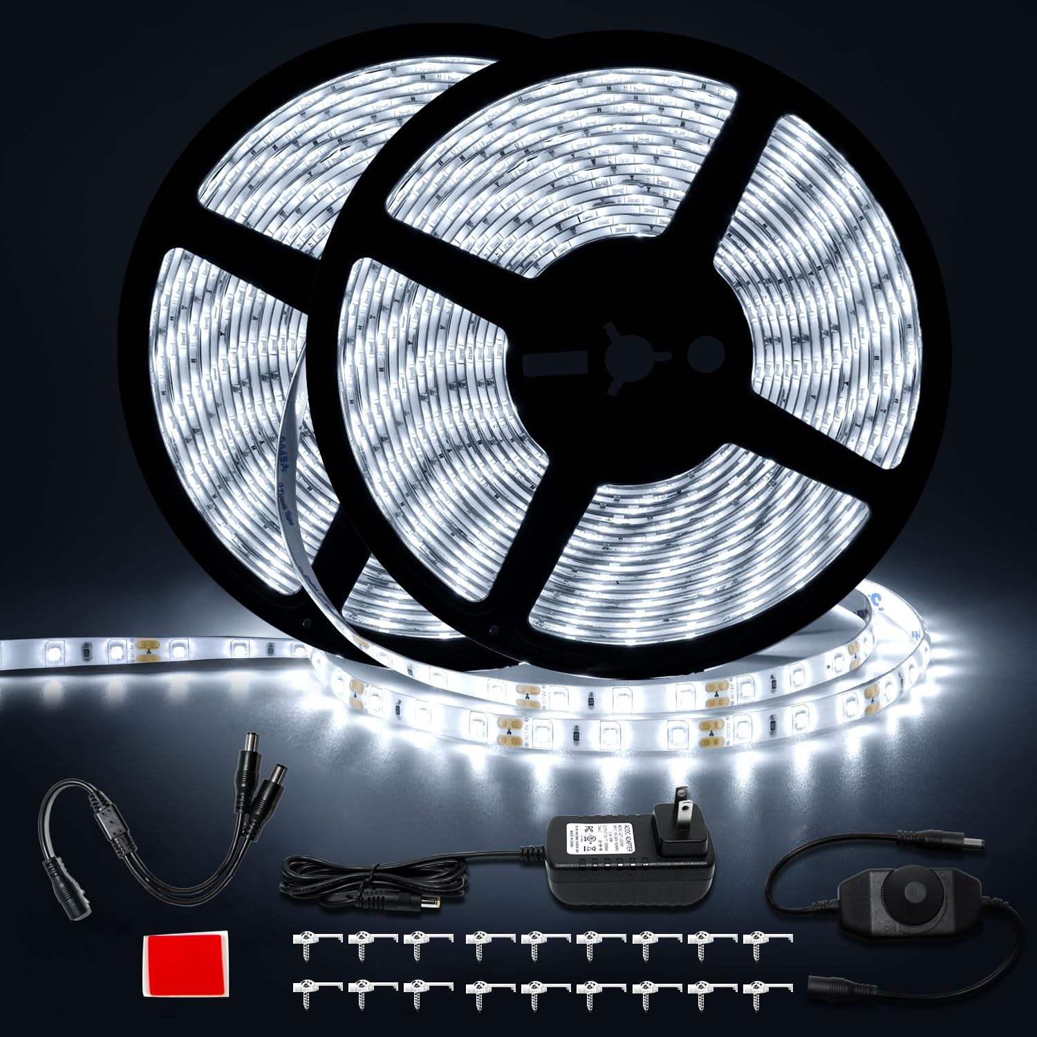 GUOTONG 50ft Waterproof LED Strip Lights, 6000K Daylight White IP44 Tape Light, 15M 12V Rope Light Strong 3M Adhesive, for Home,