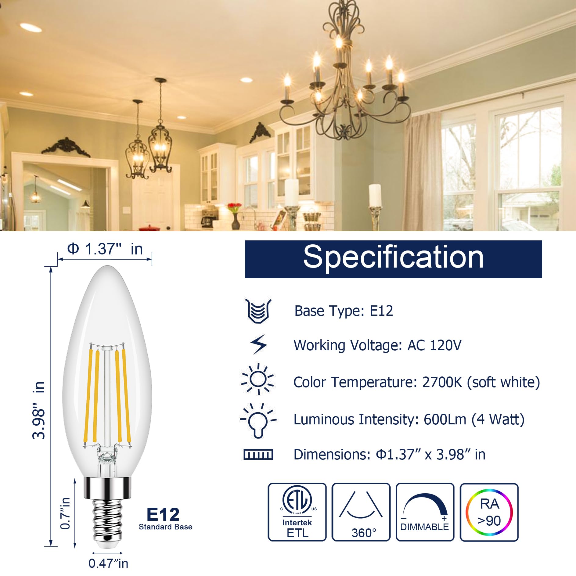 Honesorn Dimmable E12 Candelabra Led Light Bulbs, 2700k 60-Watt Equivalent Type B Chandelier Light Bulb for Ceiling Fan, Soft Wh