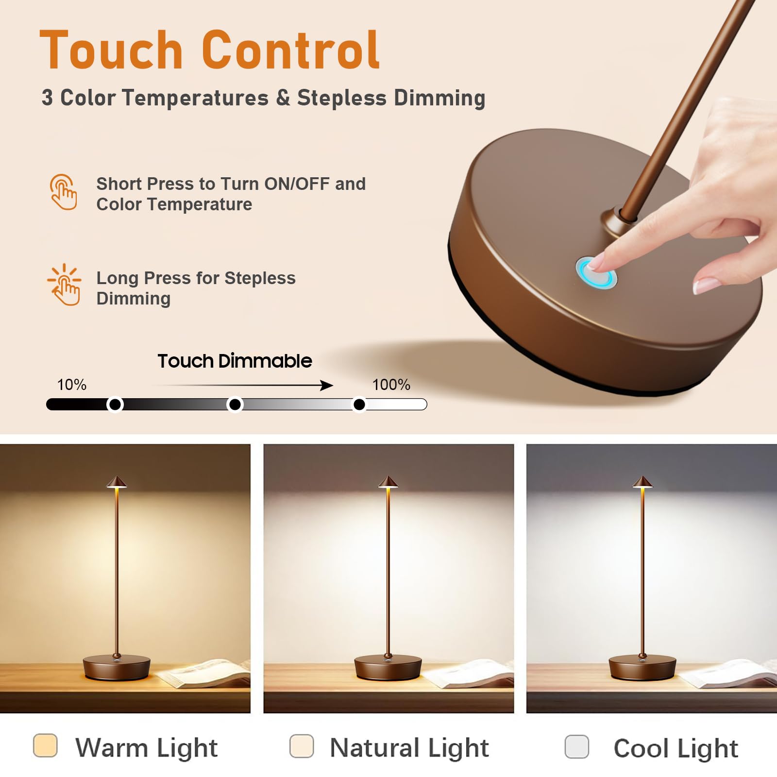 Tpczqj Rechargeable Cordless Table Lamp - 6000mAh LED, Touch Control, 3 Color Dimming, Portable, Waterproof, Coffee