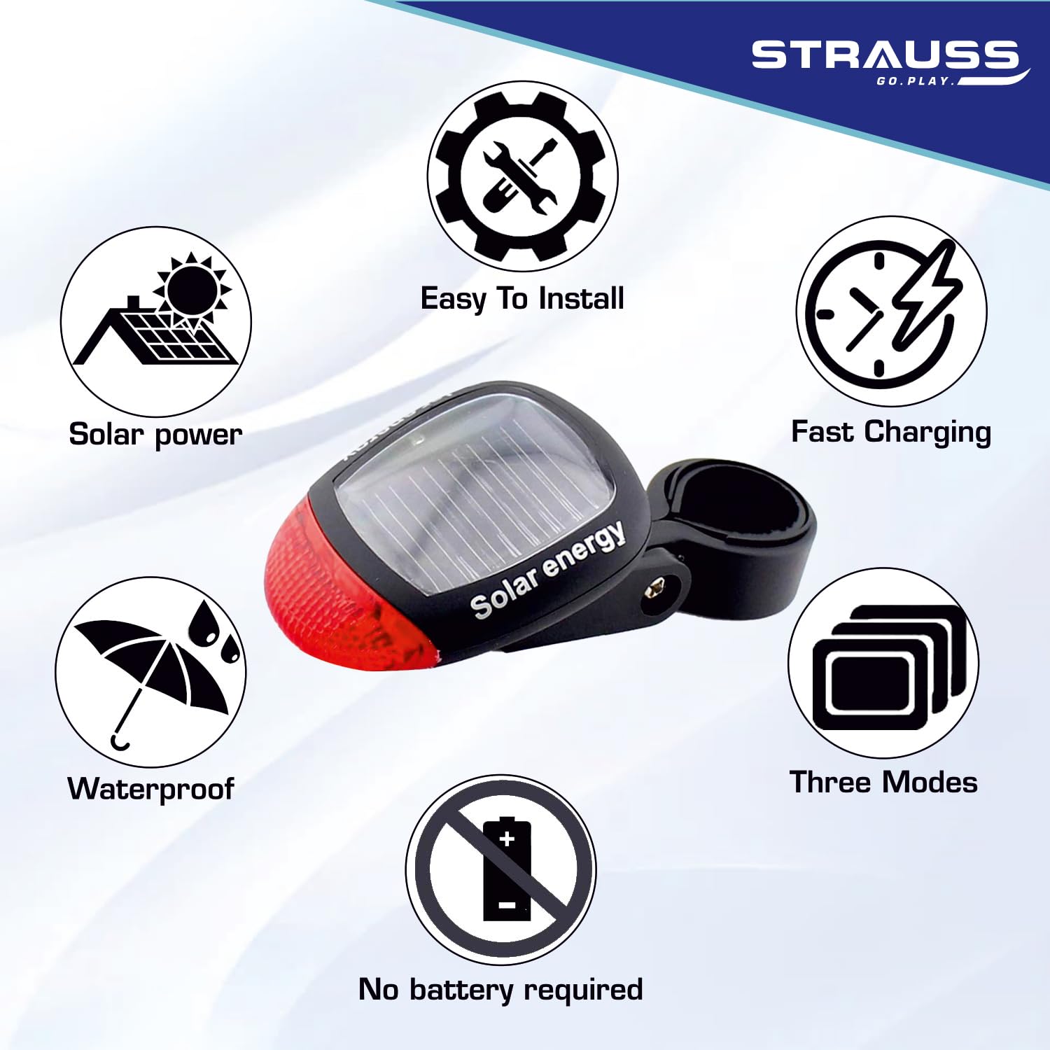 Strauss Bicycle Solar LED Tail Light (White) | Waterproof Rear Bike Light with 3 Light Modes | Cycling Safety Light with Fast-Ch