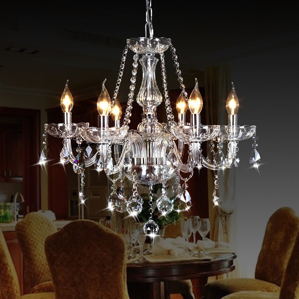Classic Crystal Candle Chandelier Lighting, Vintage 6 Lights Pendant Ceiling Fixture Lamp, Crystal Chandeliers for Dining Room B