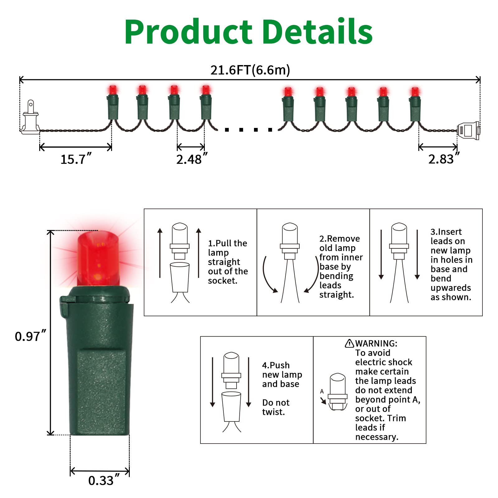 Lamphome 100 Count Red -String Lights - 21.6Ft Led Christmas Lights, Mini Led Lights For Indoor Outdoor Home Holiday Party Wedding Independence Day Decoration