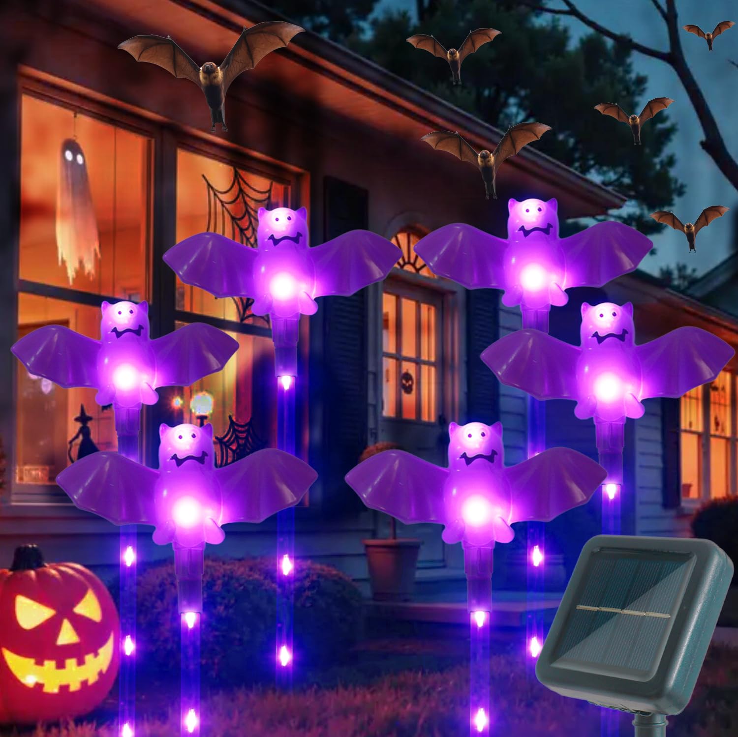 Xingpold Halloween Decorations Outdoor Solar Bat Garden Lights 6 Pack 56Led Solar Halloween Bats Lights  Waterproof Solar Pathway Lights For Outside Patio Yard Lawn Grave Party Gifts Decor Purple