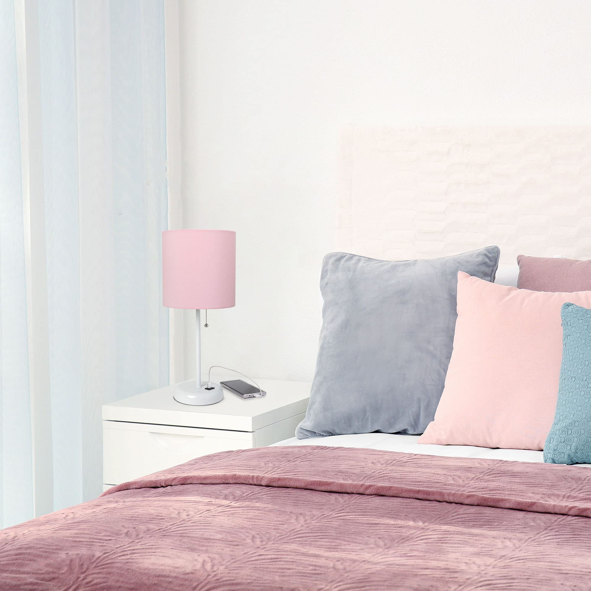 Creekwood Home White Metal Table Lamp With Light Pink Shade & Usb Port, 19.5&quot; Contemporary Design