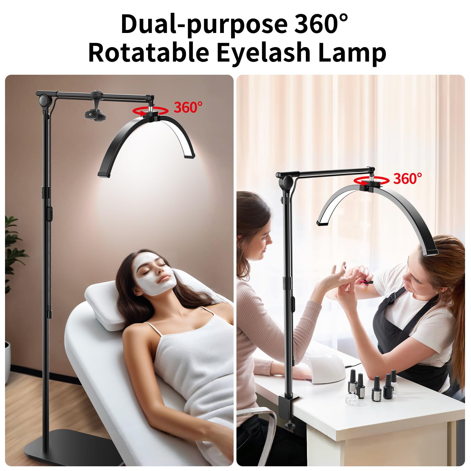 Yayusi Lash Light For Eyelash Tech, Foldable Floor Lash Lamp For Eyelash Extensions, Led Half Moon Light Lash Tech With Phone Holder, Dimmable Esthetician Light For Eyelash/Skincare/Tattoo (Black)