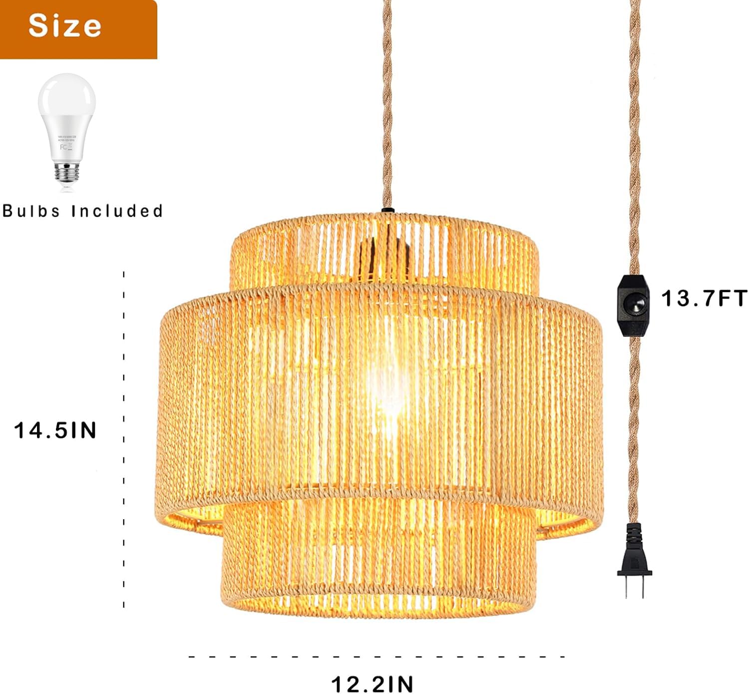 QIYIZM Pendant Light Boho Dimmable Rattan Wicker Shade 10in Brown Polyimide Model 1