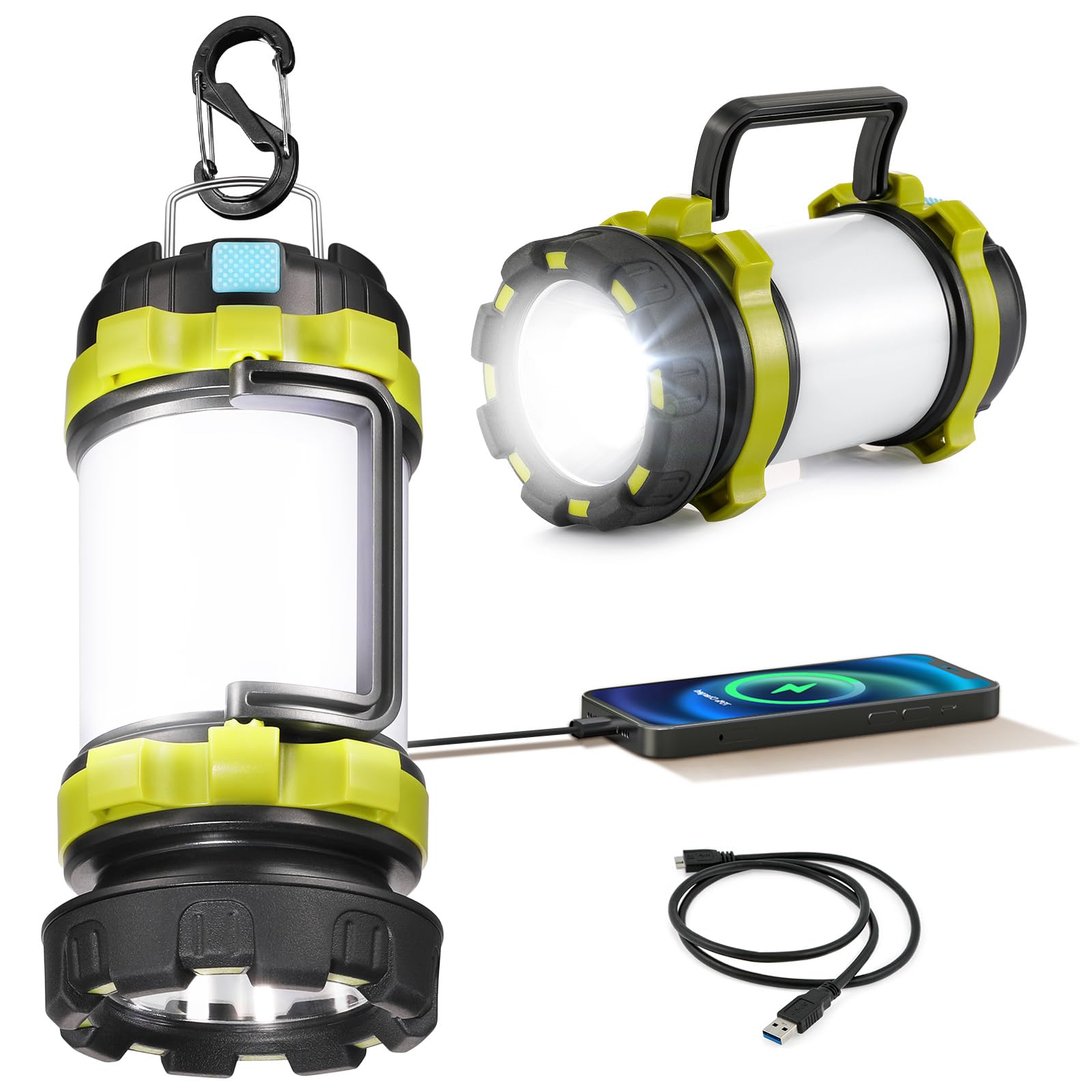 Consciot LED Camping Lantern Flashlight, Rechargeable, 3600mAh Power Bank, IPX4 Waterproof, Light Green, Model AOL007-US, 1 Pack