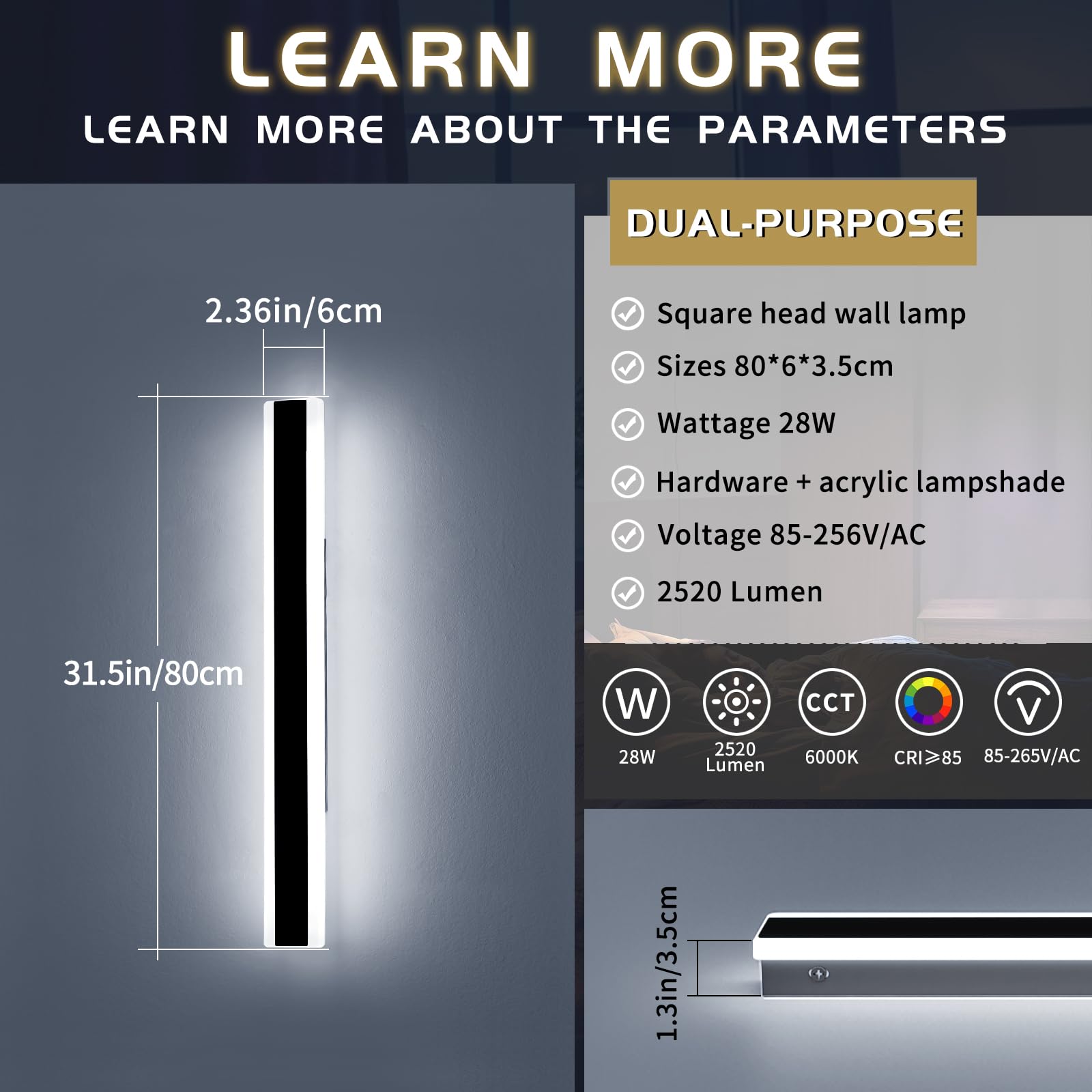 Mikeru 31.4" LED Wall Light, 6000K White, Black Acrylic Outdoor Fixture, IP65 Waterproof, Model FTBD