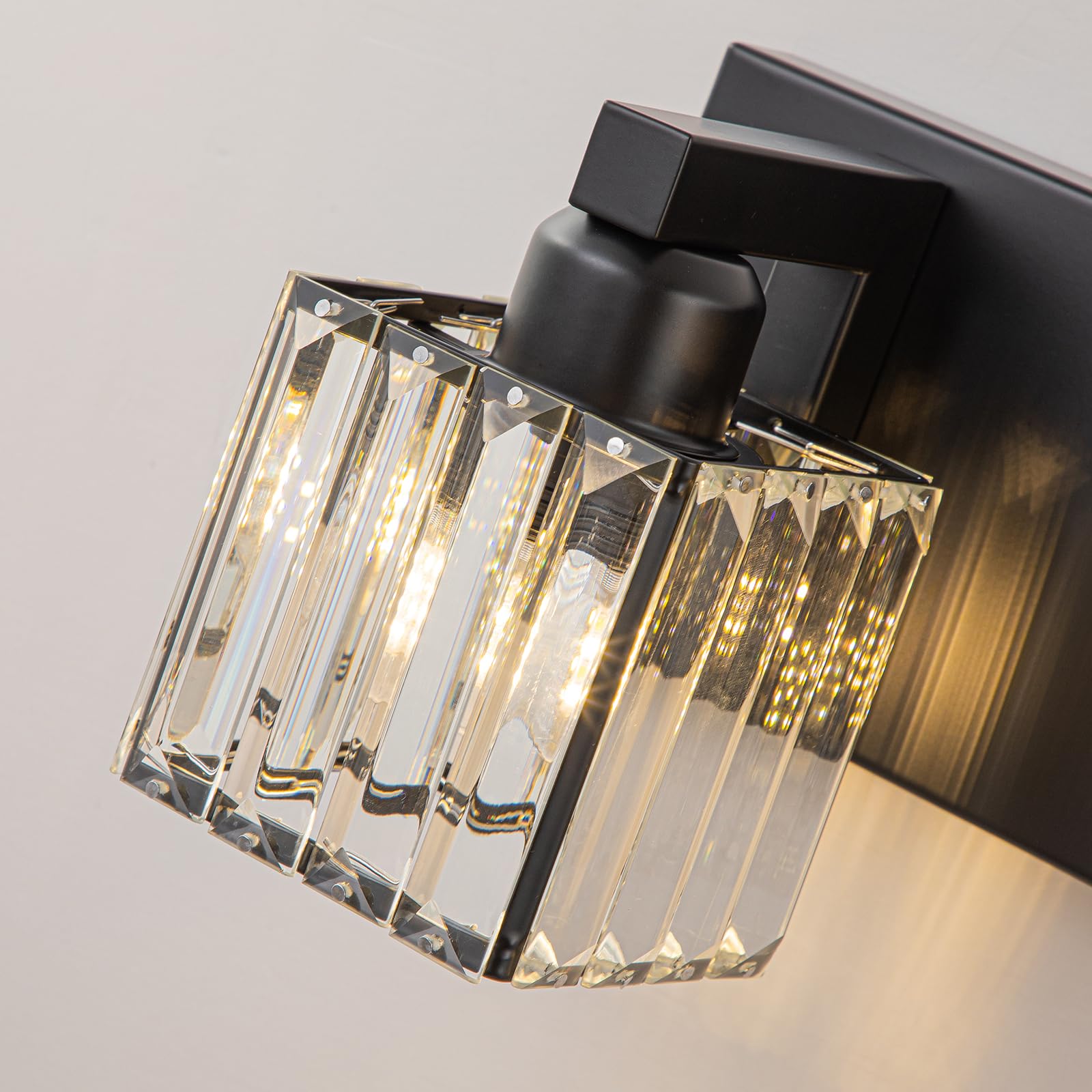 HUOKU Modern Crystal Bathroom Vanity Light Fixture, 4-Lights, Black-Square Shade, Metal and Crystal, Model 98741580-0316-4e46-bc29-8