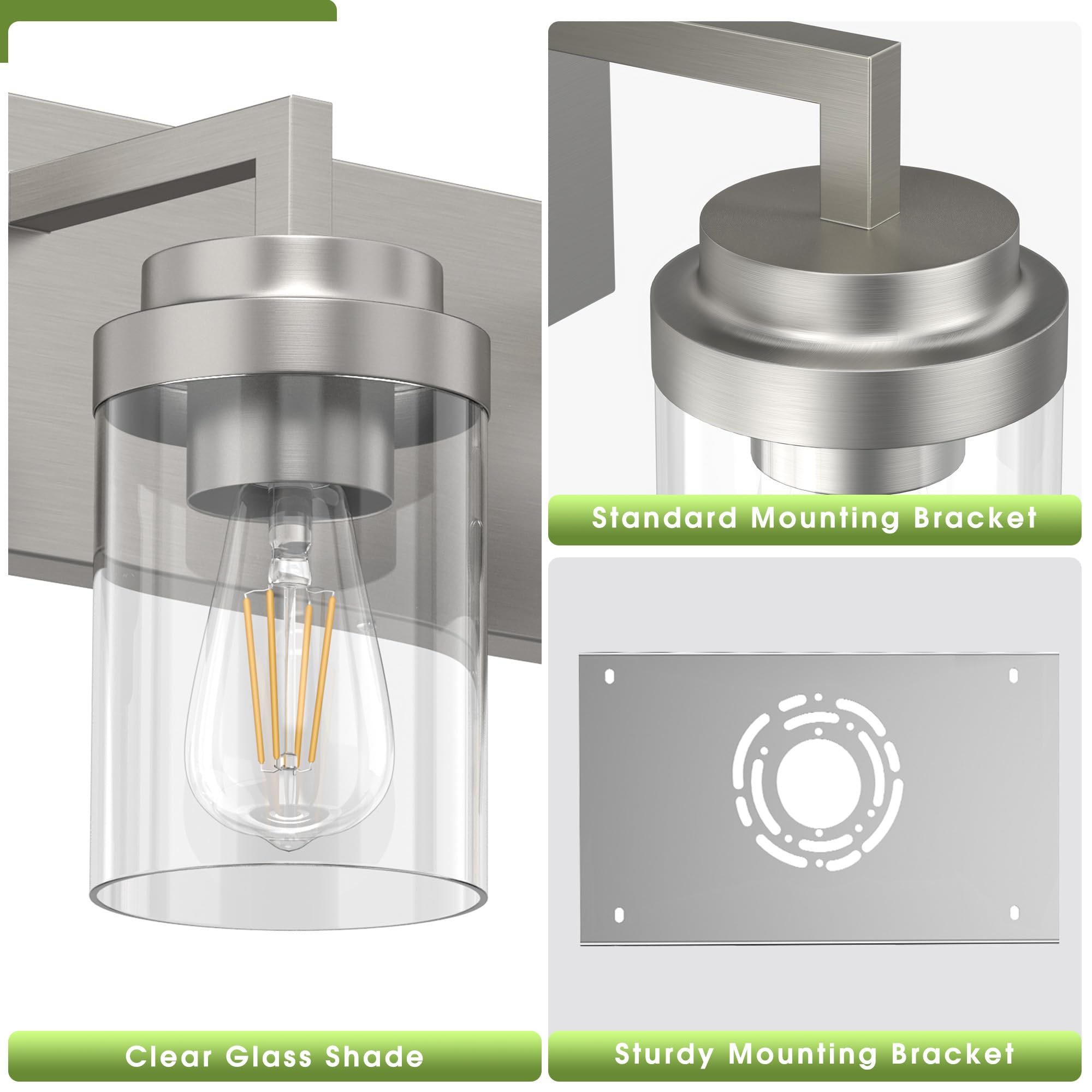 Espird 4-Light Bathroom Vanity Light Fixtures, Brushed Nickel, Glass Shade, Model L08-3-TONG