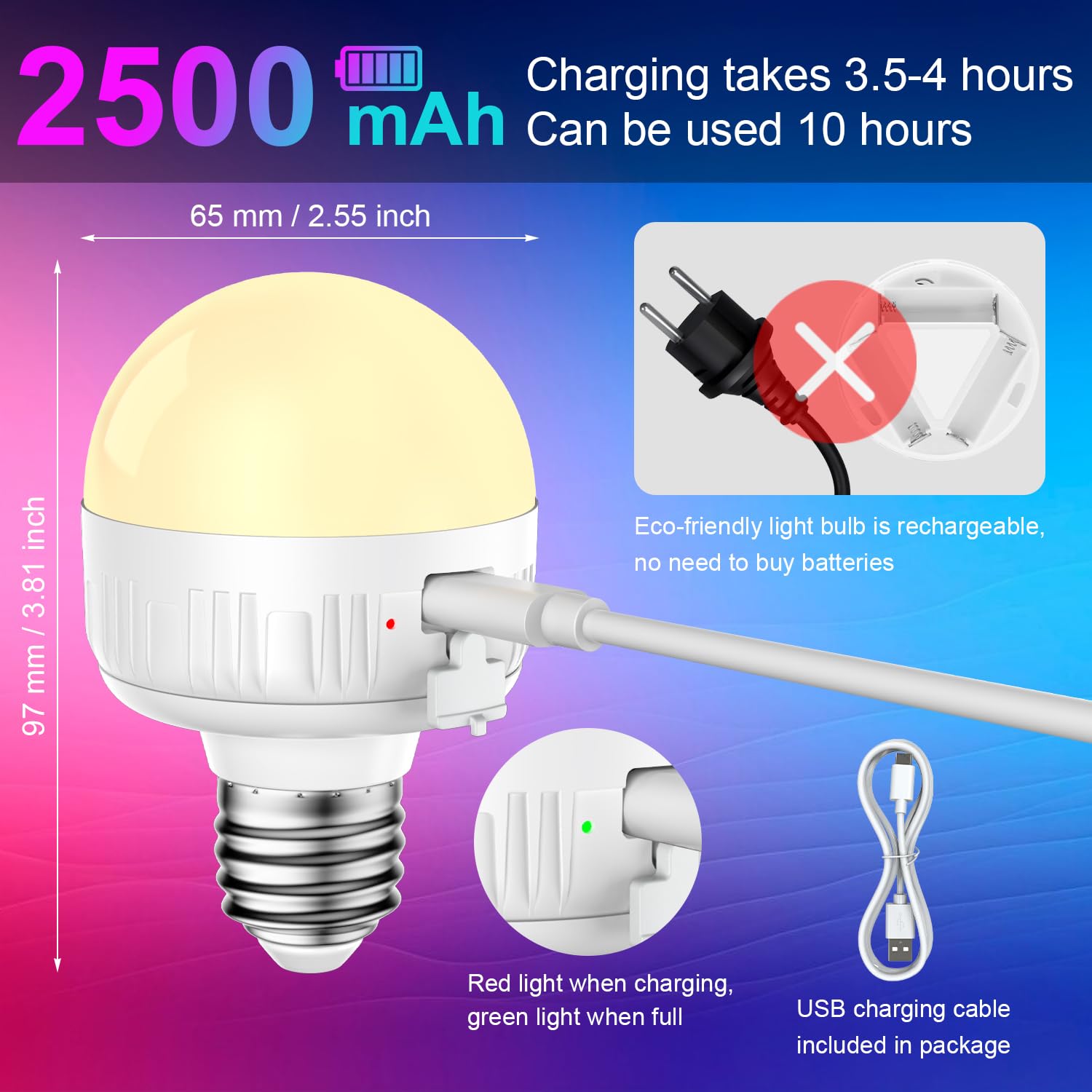 LGMCF Rechargeable Light Bulb with Remote - 6W Dimmable LED, 450LM, 15 Colors, E26, 2-Pack, Magnetic, Model JHW088