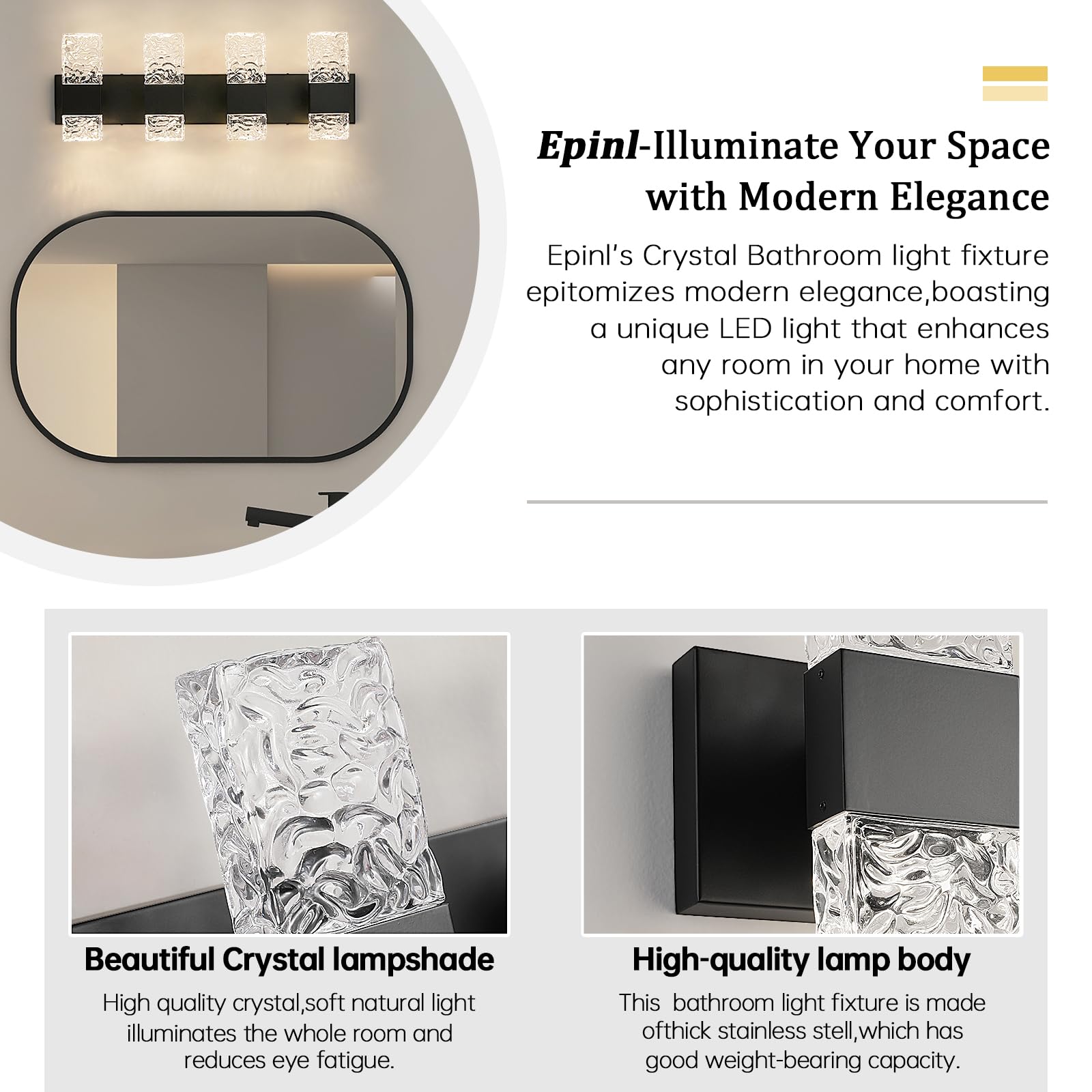 Epinl Black Bathroom Vanity Light Fixtures Bathroom Light Fixtures Over Mirror 4-Light 4000K Led Crystal Wall Sconces Modern 40W Brushed Hardwired Wall Lights For Bathroom Bedroom Living Room