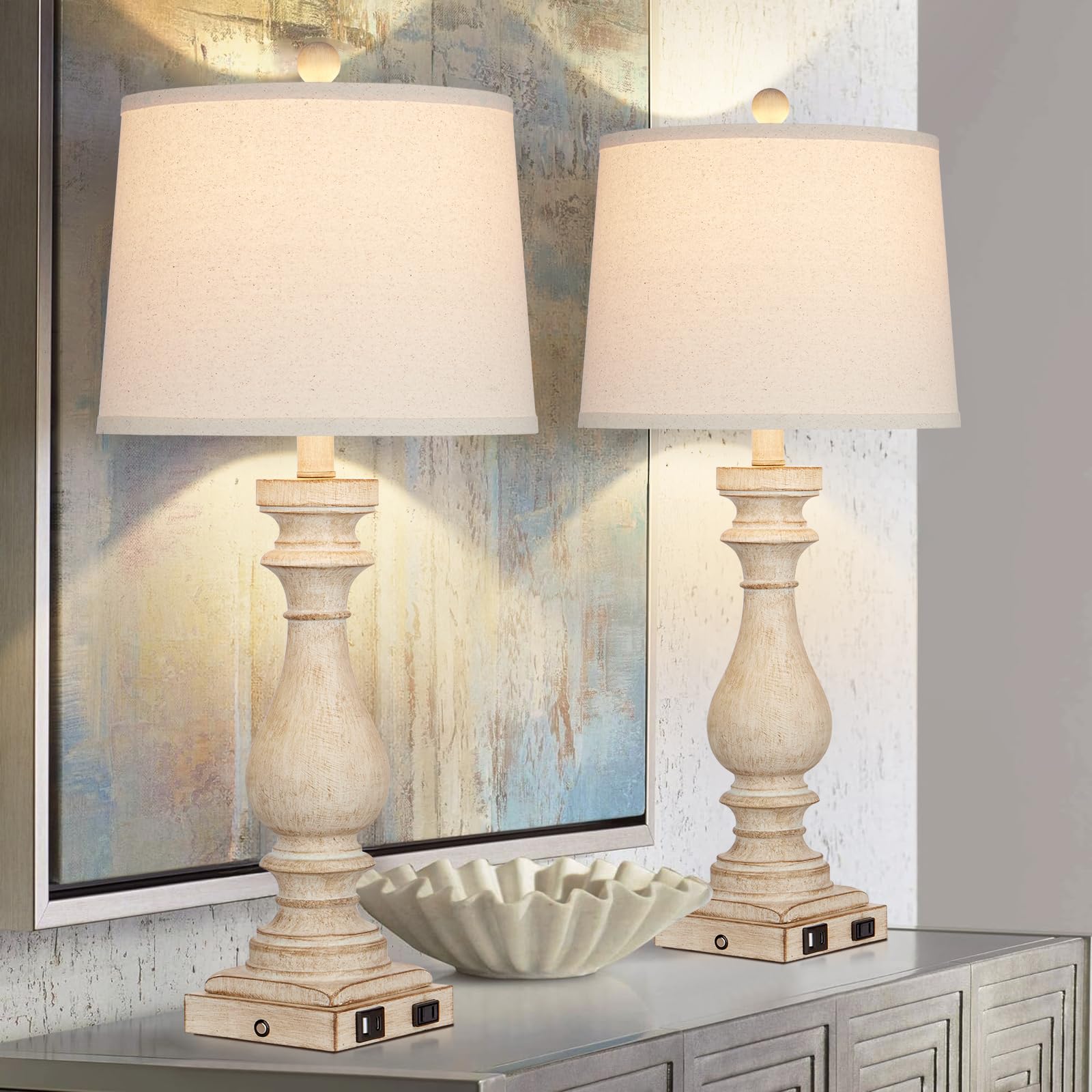 Cinkeda 29" Vintage Table Lamp Set of 2 with USB Ports & AC Outlet, 3-Way Dimmable Touch Control, White Washed Finish, Beige