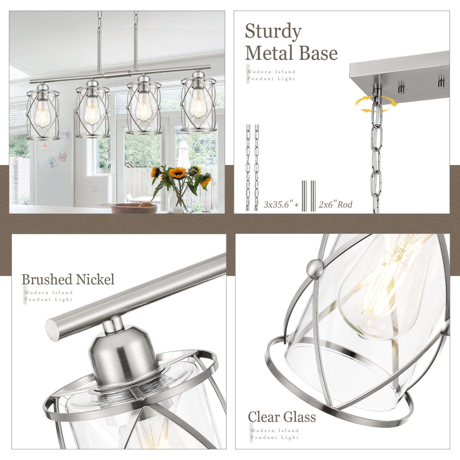 Osimir 4-Light Kitchen Island Lighting, Modern Brushed Nickel Dining Room Light Fixtures With Clear Glass, Farmhouse Industrial