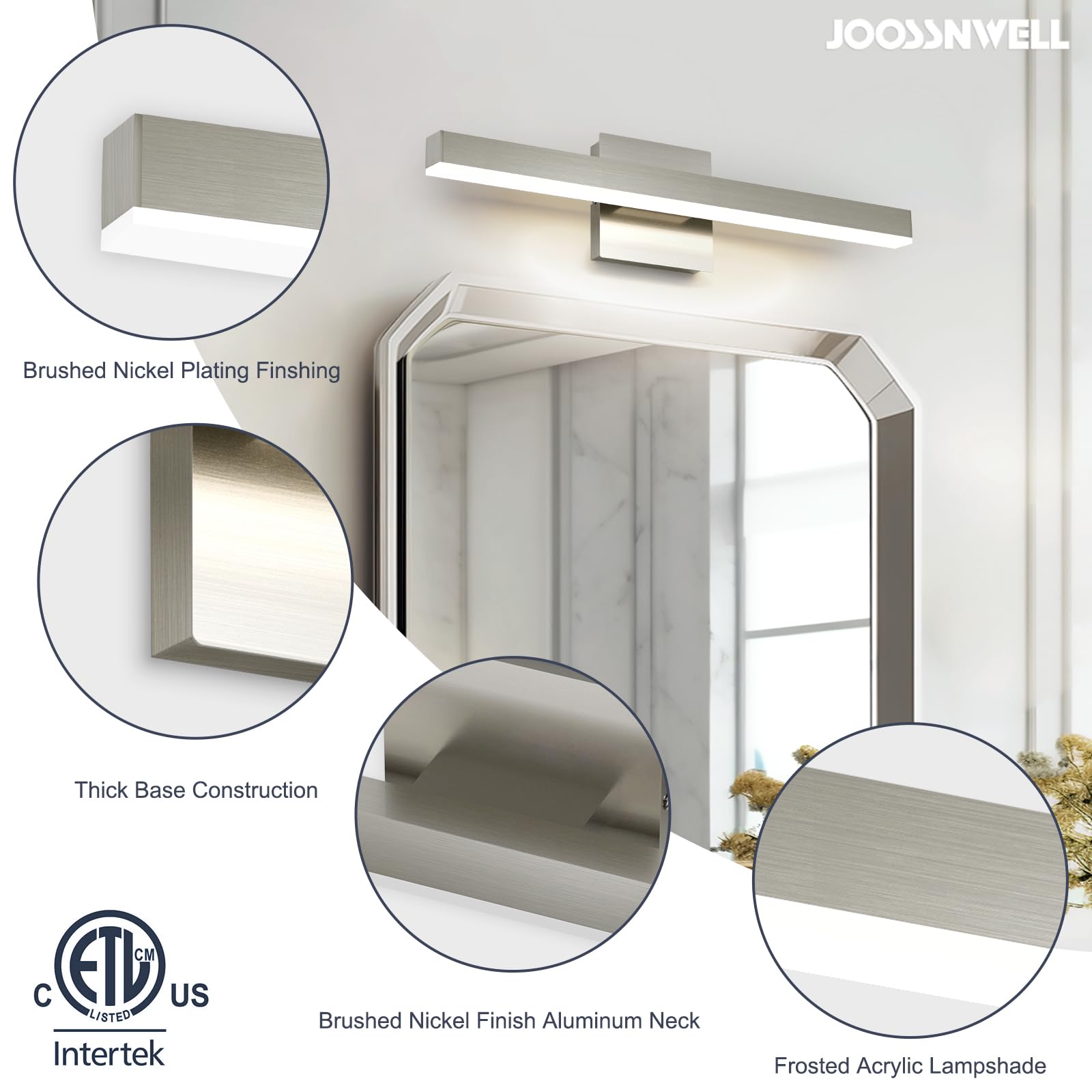 Joossnwell Brushed Nickel Bathroom Vanity Light 23.62" Dimmable LED Fixture Model 7560-18W-SN-5CCT