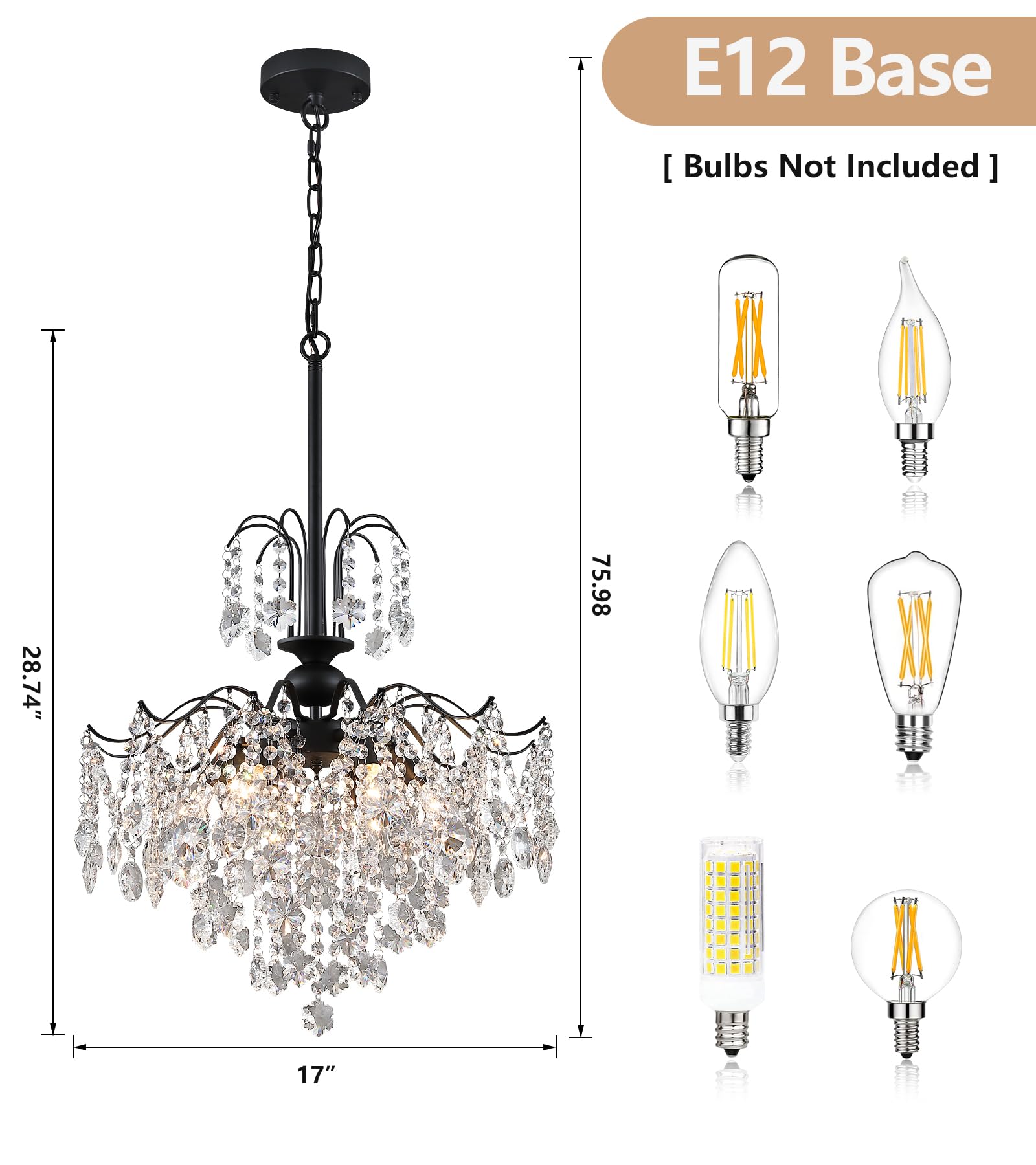 Q&S Crystal Chandelier - Modern Black Pendant Light, 6 Lights, 20IN for Dining Room, UL Listed, Model P2001-6BK