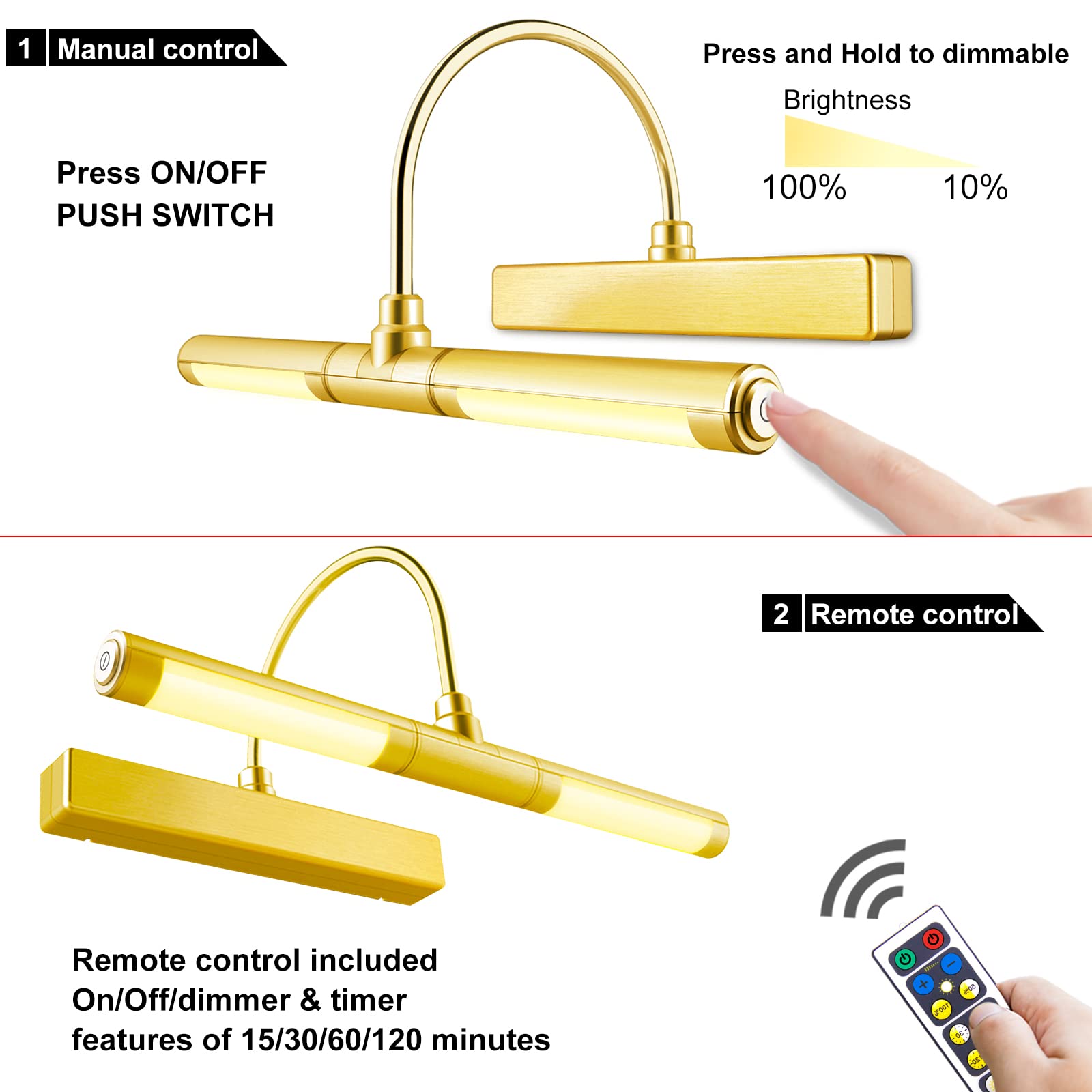 LUXSWAY Wireless Picture Light, Dimmable, Battery-Operated, 13 inch, Gold, Model DY601YW-gold, Remote Control